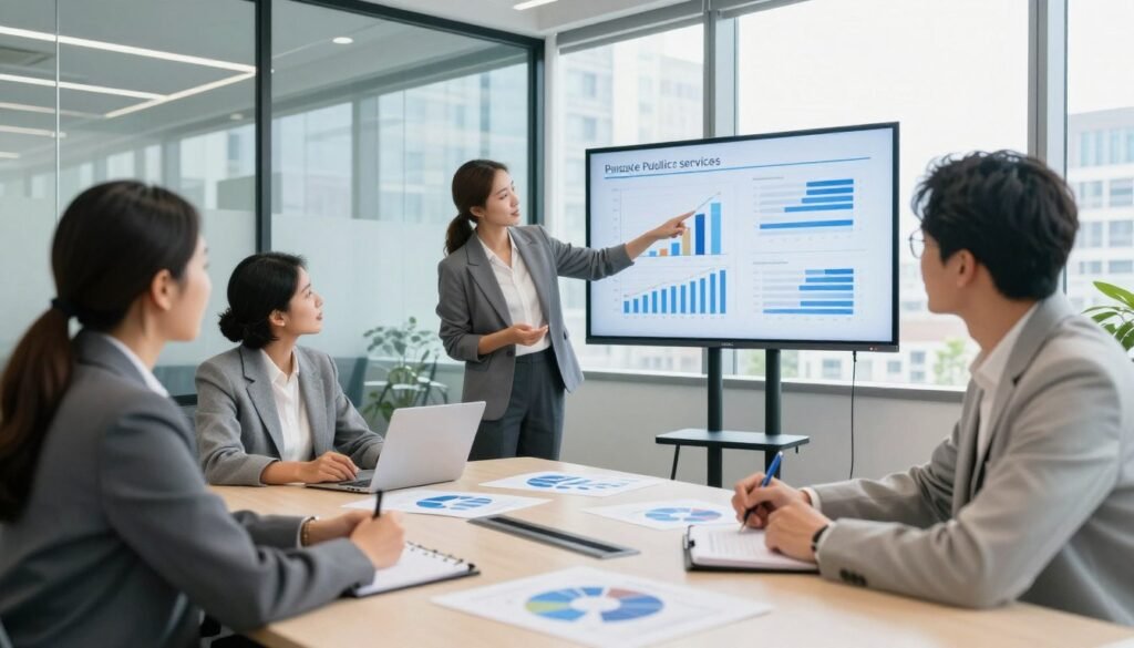 A diverse group of professionals engaged in a dynamic discussion around a large conference table, analyzing graphs and charts displayed on a digital screen in a bright, modern office space. In the foreground, a woman in a business suit points at a chart while a man in a smart casual outfit takes notes. The middle ground features two other colleagues, one presenting ideas, the other nodding in agreement, reflecting a collaborative atmosphere. The background contains transparent glass windows showing a city skyline, with natural light flooding the room, creating an optimistic mood. The scene should emphasize teamwork, innovation, and commitment to improving public services. The photo is shot from a slight angle with a wide lens to capture the entire setting. A diverse group of professionals engaged in a dynamic discussion around a large conference table, analyzing graphs and charts displayed on a digital screen in a bright, modern office space. In the foreground, a woman in a business suit points at a chart while a man in a smart casual outfit takes notes. The middle ground features two other colleagues, one presenting ideas, the other nodding in agreement, reflecting a collaborative atmosphere. The background contains transparent glass windows showing a city skyline, with natural light flooding the room, creating an optimistic mood. The scene should emphasize teamwork, innovation, and commitment to improving public services. The photo is shot from a slight angle with a wide lens to capture the entire setting.