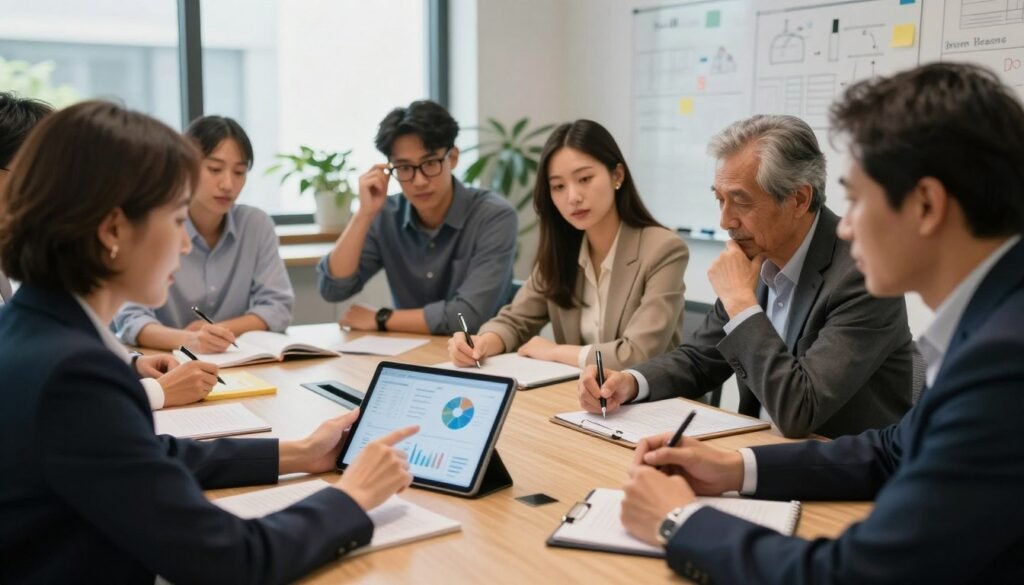 A diverse group of professionals gathered around a large conference table, engaged in a brainstorming session, illustrating collective decision-making. In the foreground, a middle-aged woman in a smart business suit points to a digital tablet displaying charts. The middle presents a mix of focused expressions on participants' faces, including a young man adjusting his glasses, a woman taking notes, and an older man contemplating. The background shows a modern office setting with large windows letting in natural light, plants for a touch of greenery, and a whiteboard filled with ideas. The mood is collaborative and energetic, capturing the essence of teamwork and synergy in decision-making. The scene is lit with soft, warm lighting, emphasizing a positive and productive atmosphere. A diverse group of professionals gathered around a large conference table, engaged in a brainstorming session, illustrating collective decision-making. In the foreground, a middle-aged woman in a smart business suit points to a digital tablet displaying charts. The middle presents a mix of focused expressions on participants' faces, including a young man adjusting his glasses, a woman taking notes, and an older man contemplating. The background shows a modern office setting with large windows letting in natural light, plants for a touch of greenery, and a whiteboard filled with ideas. The mood is collaborative and energetic, capturing the essence of teamwork and synergy in decision-making. The scene is lit with soft, warm lighting, emphasizing a positive and productive atmosphere.
