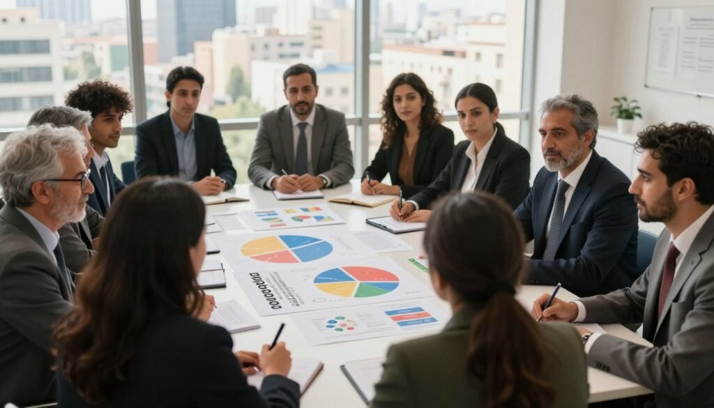 A diverse group of professionals gathered around a large table, engaged in a collaborative discussion about participatory democracy in Morocco. The foreground features individuals of various ages and backgrounds, dressed in professional business attire, actively taking notes and sharing ideas. In the middle ground, colorful charts and graphs are laid out, illustrating concepts of democratic participation. The background shows a large window with a view of a bustling cityscape, symbolizing progress and community engagement. Soft, natural lighting floods the room, casting a warm glow over the scene, creating a mood of optimism and teamwork. The composition is dynamic, focusing on the interactions of the participants, with a depth of field that highlights their expressions and gestures of collaboration. A diverse group of professionals gathered around a large table, engaged in a collaborative discussion about participatory democracy in Morocco. The foreground features individuals of various ages and backgrounds, dressed in professional business attire, actively taking notes and sharing ideas. In the middle ground, colorful charts and graphs are laid out, illustrating concepts of democratic participation. The background shows a large window with a view of a bustling cityscape, symbolizing progress and community engagement. Soft, natural lighting floods the room, casting a warm glow over the scene, creating a mood of optimism and teamwork. The composition is dynamic, focusing on the interactions of the participants, with a depth of field that highlights their expressions and gestures of collaboration.