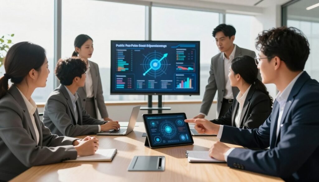 A diverse group of professionals in business attire collaborate around a modern conference table, showcasing determination and innovation. In the foreground, a woman gestures passionately while pointing at a digital tablet displaying advanced technology solutions. In the middle background, a large screen shows dynamic data visualizations symbolizing progress in public sector technology. The atmosphere is energized, filled with the warm, natural light streaming through floor-to-ceiling windows, casting soft shadows across the room. The setting embodies a sleek, contemporary office environment, representing the possibilities of overcoming governmental challenges. The image captures the spirit of teamwork and resilience, with an emphasis on positive transformation and proactive thinking. A diverse group of professionals in business attire collaborate around a modern conference table, showcasing determination and innovation. In the foreground, a woman gestures passionately while pointing at a digital tablet displaying advanced technology solutions. In the middle background, a large screen shows dynamic data visualizations symbolizing progress in public sector technology. The atmosphere is energized, filled with the warm, natural light streaming through floor-to-ceiling windows, casting soft shadows across the room. The setting embodies a sleek, contemporary office environment, representing the possibilities of overcoming governmental challenges. The image captures the spirit of teamwork and resilience, with an emphasis on positive transformation and proactive thinking.