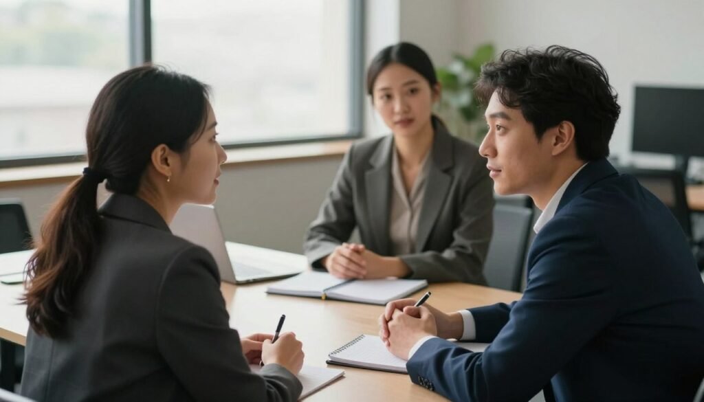 A diverse group of three professionals engaged in active listening within a modern office setting. In the foreground, a man and a woman, both in professional attire, face one another, maintaining eye contact and leaning slightly forward, showcasing attentive body language. The middle ground features a round table with notebooks and pens, emphasizing collaboration. In the background, a large window lets in soft, natural light that creates an inviting atmosphere, enhancing the sense of teamwork. The lens captures the scene from a slightly elevated angle, providing a dynamic perspective. The mood is focused yet warm, showcasing the power of effective communication in enhancing collaboration. A diverse group of three professionals engaged in active listening within a modern office setting. In the foreground, a man and a woman, both in professional attire, face one another, maintaining eye contact and leaning slightly forward, showcasing attentive body language. The middle ground features a round table with notebooks and pens, emphasizing collaboration. In the background, a large window lets in soft, natural light that creates an inviting atmosphere, enhancing the sense of teamwork. The lens captures the scene from a slightly elevated angle, providing a dynamic perspective. The mood is focused yet warm, showcasing the power of effective communication in enhancing collaboration.