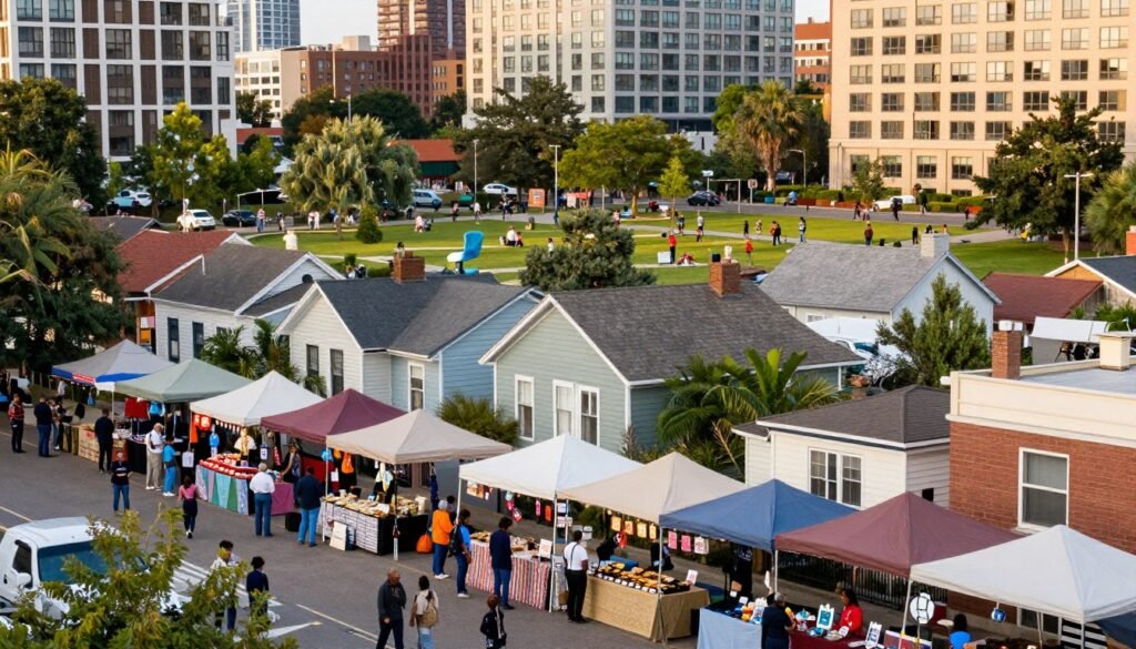 A diverse urban landscape showcasing variations in scale and design across multiple communities. In the foreground, a vibrant street market filled with people of different backgrounds in professional and casual attire, interacting with colorful stalls displaying local crafts and food. The middle ground features a blend of architectural styles, from modern high-rises to charming small houses, highlighting community diversity. In the background, lush green parks and public spaces are filled with families enjoying recreational activities, symbolizing community engagement. The scene is illuminated by soft, warm lighting during golden hour, creating a welcoming atmosphere. The perspective is slightly elevated, capturing a panoramic view that emphasizes the interconnectedness of the spaces. A diverse urban landscape showcasing variations in scale and design across multiple communities. In the foreground, a vibrant street market filled with people of different backgrounds in professional and casual attire, interacting with colorful stalls displaying local crafts and food. The middle ground features a blend of architectural styles, from modern high-rises to charming small houses, highlighting community diversity. In the background, lush green parks and public spaces are filled with families enjoying recreational activities, symbolizing community engagement. The scene is illuminated by soft, warm lighting during golden hour, creating a welcoming atmosphere. The perspective is slightly elevated, capturing a panoramic view that emphasizes the interconnectedness of the spaces.