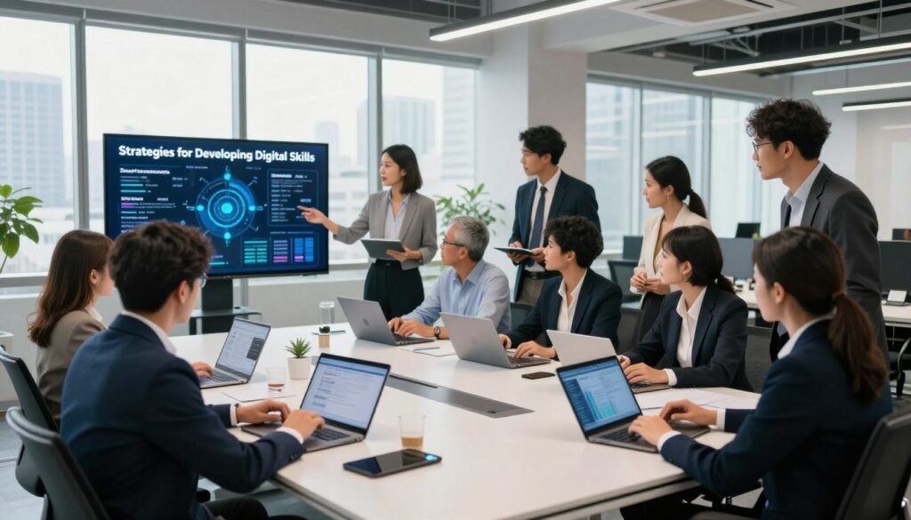 A dynamic and engaging scene representing "Strategies for Developing Digital Skills". In the foreground, a diverse group of professionals, dressed in smart business attire, gather around a sleek, modern table, collaborating on digital devices like tablets and laptops. In the middle ground, large screens display infographics and data analytics, illustrating various digital skills being discussed. The background features a bright, contemporary office environment with large windows showing a city skyline, complemented by natural light spilling into the space. Utilize a wide-angle lens to create a sense of immersion, capturing the bustling atmosphere of innovation and teamwork. The overall mood should be inspiring and focused, reflecting a commitment to skill development for stronger communities. A dynamic and engaging scene representing "Strategies for Developing Digital Skills". In the foreground, a diverse group of professionals, dressed in smart business attire, gather around a sleek, modern table, collaborating on digital devices like tablets and laptops. In the middle ground, large screens display infographics and data analytics, illustrating various digital skills being discussed. The background features a bright, contemporary office environment with large windows showing a city skyline, complemented by natural light spilling into the space. Utilize a wide-angle lens to create a sense of immersion, capturing the bustling atmosphere of innovation and teamwork. The overall mood should be inspiring and focused, reflecting a commitment to skill development for stronger communities.