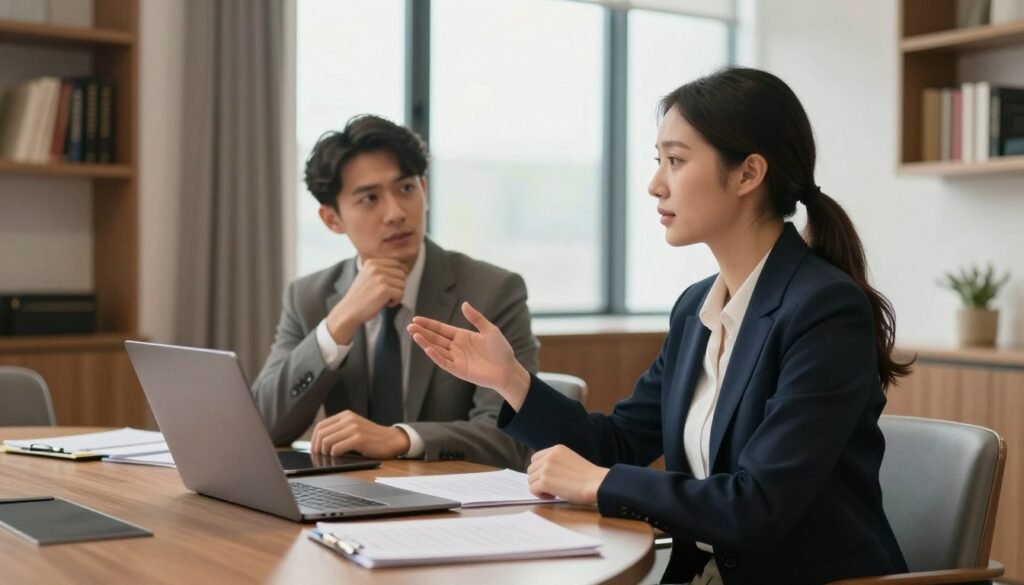 A dynamic business meeting scene in an elegant conference room, focusing on two professionals engaged in a constructive dialogue, demonstrating conflict resolution skills. In the foreground, a woman in smart business attire confidently presents her viewpoint using visual aids. Beside her, a man in a tailored suit nods thoughtfully, emphasizing collaboration. In the middle, a round table laden with documents and a laptop, representing an active brainstorming session. The background features large windows with soft, natural light illuminating the space, creating a warm and inviting atmosphere. Subtle shelves with books on leadership and communication line the walls, suggesting a culture of growth and learning. The overall mood is one of professionalism, positivity, and solution-oriented engagement. A dynamic business meeting scene in an elegant conference room, focusing on two professionals engaged in a constructive dialogue, demonstrating conflict resolution skills. In the foreground, a woman in smart business attire confidently presents her viewpoint using visual aids. Beside her, a man in a tailored suit nods thoughtfully, emphasizing collaboration. In the middle, a round table laden with documents and a laptop, representing an active brainstorming session. The background features large windows with soft, natural light illuminating the space, creating a warm and inviting atmosphere. Subtle shelves with books on leadership and communication line the walls, suggesting a culture of growth and learning. The overall mood is one of professionalism, positivity, and solution-oriented engagement.