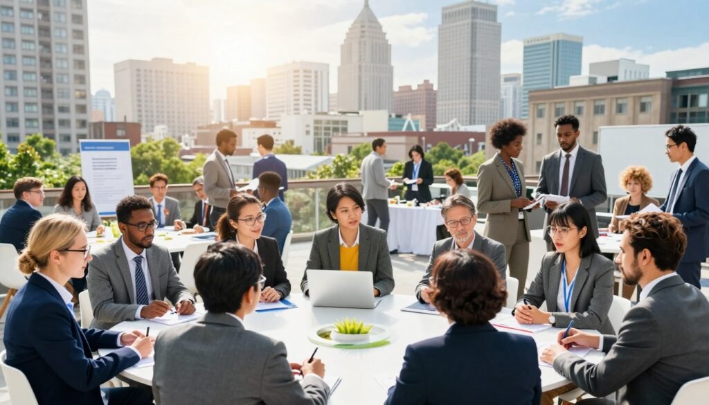 A dynamic cityscape in the foreground showcasing a diverse group of professionals engaged in a lively discussion about public participation, dressed in business attire. In the middle ground, feature various public engagement activities, such as community meetings and brainstorming sessions, with people from different backgrounds collaborating. In the background, an urban landscape with buildings symbolizing governmental and civic institutions under a bright, hopeful sky. The atmosphere conveys a sense of opportunity and challenge, with warm lighting illuminating the participants’ faces, reflecting collaboration and innovation. Use a wide-angle lens effect to capture the scale of involvement while maintaining focus on the individuals actively participating in civic engagement. A dynamic cityscape in the foreground showcasing a diverse group of professionals engaged in a lively discussion about public participation, dressed in business attire. In the middle ground, feature various public engagement activities, such as community meetings and brainstorming sessions, with people from different backgrounds collaborating. In the background, an urban landscape with buildings symbolizing governmental and civic institutions under a bright, hopeful sky. The atmosphere conveys a sense of opportunity and challenge, with warm lighting illuminating the participants’ faces, reflecting collaboration and innovation. Use a wide-angle lens effect to capture the scale of involvement while maintaining focus on the individuals actively participating in civic engagement.