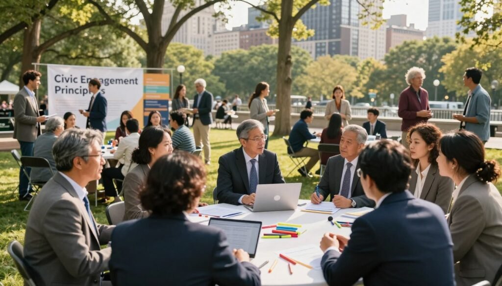 A dynamic community gathering in an urban park, showcasing diverse individuals engaged in discussions and activities that exemplify civic engagement principles. In the foreground, a small group of people in professional business attire are actively brainstorming at a table, with papers, laptops, and colorful markers spread out. In the middle, families and individuals of various ages participate in community workshops, with a large banner displaying "Civic Engagement Principles" subtly in the background. The setting is well-lit by warm afternoon sunlight filtering through the trees, creating an inviting atmosphere. The background features a city skyline, symbolizing the connection between citizens and their urban environment. The overall mood is inspiring and collaborative, reflecting the essence of community strength and participation. A dynamic community gathering in an urban park, showcasing diverse individuals engaged in discussions and activities that exemplify civic engagement principles. In the foreground, a small group of people in professional business attire are actively brainstorming at a table, with papers, laptops, and colorful markers spread out. In the middle, families and individuals of various ages participate in community workshops, with a large banner displaying "Civic Engagement Principles" subtly in the background. The setting is well-lit by warm afternoon sunlight filtering through the trees, creating an inviting atmosphere. The background features a city skyline, symbolizing the connection between citizens and their urban environment. The overall mood is inspiring and collaborative, reflecting the essence of community strength and participation.
