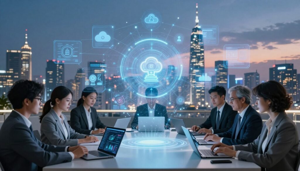 A dynamic digital landscape showcasing the technologies supporting digital transformation. In the foreground, a diverse group of professionals in business attire are engaged around a sleek, modern table filled with digital devices like laptops and tablets displaying data analytics. The middle layer features vivid holograms of data networks, cloud computing symbols, and artificial intelligence elements, emanating a soft, blue glow. In the background, a futuristic city skyline with high-tech architecture under a twilight sky enhances the atmosphere of innovation. The lighting is bright and focused on the professionals, contrasted by softer ambient light illuminating the city. The overall mood is one of collaboration, progress, and forward-thinking potential in the digital age. A dynamic digital landscape showcasing the technologies supporting digital transformation. In the foreground, a diverse group of professionals in business attire are engaged around a sleek, modern table filled with digital devices like laptops and tablets displaying data analytics. The middle layer features vivid holograms of data networks, cloud computing symbols, and artificial intelligence elements, emanating a soft, blue glow. In the background, a futuristic city skyline with high-tech architecture under a twilight sky enhances the atmosphere of innovation. The lighting is bright and focused on the professionals, contrasted by softer ambient light illuminating the city. The overall mood is one of collaboration, progress, and forward-thinking potential in the digital age.