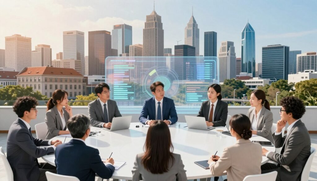 A dynamic illustration depicting the future challenges and prospects of participatory democracy. In the foreground, a diverse group of professionals, in business attire, are engaged in a roundtable discussion, expressing thoughtful engagement. The middle layer features a transparent digital interface showcasing data visualization and collaborative tools, symbolizing modern communication methods. In the background, a city skyline transitions from traditional architecture on one side to modern, sustainable structures on the other, representing the evolution of democracy. Bright, natural lighting casts soft shadows, enhancing the scene's optimism. Capture a sense of urgency and hope, emphasizing the potential for innovation in democratic practices. The image should evoke a feeling of collaboration and forward-thinking, free of any text or signatures. A dynamic illustration depicting the future challenges and prospects of participatory democracy. In the foreground, a diverse group of professionals, in business attire, are engaged in a roundtable discussion, expressing thoughtful engagement. The middle layer features a transparent digital interface showcasing data visualization and collaborative tools, symbolizing modern communication methods. In the background, a city skyline transitions from traditional architecture on one side to modern, sustainable structures on the other, representing the evolution of democracy. Bright, natural lighting casts soft shadows, enhancing the scene's optimism. Capture a sense of urgency and hope, emphasizing the potential for innovation in democratic practices. The image should evoke a feeling of collaboration and forward-thinking, free of any text or signatures.