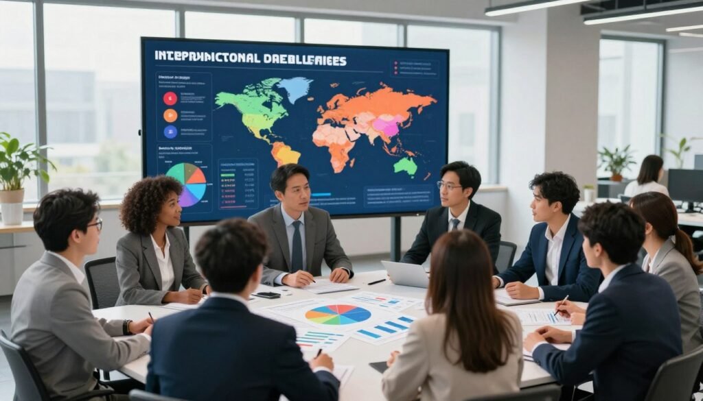 A dynamic illustration showcasing international experiences and contemporary statistics related to community challenges. In the foreground, a diverse group of professionals in business attire, including men and women of various ethnicities, engages in a collaborative discussion over charts and graphs depicting statistics. In the middle ground, a large digital screen displays colorful infographics, maps, and pie charts representing global data trends. The background features a modern office environment with large windows allowing natural light to flood in, creating an inviting atmosphere. The overall mood is one of innovation and collaboration, emphasizing the importance of skills development in addressing societal issues. The composition is captured from a slightly elevated angle to provide a comprehensive view of the scene. A dynamic illustration showcasing international experiences and contemporary statistics related to community challenges. In the foreground, a diverse group of professionals in business attire, including men and women of various ethnicities, engages in a collaborative discussion over charts and graphs depicting statistics. In the middle ground, a large digital screen displays colorful infographics, maps, and pie charts representing global data trends. The background features a modern office environment with large windows allowing natural light to flood in, creating an inviting atmosphere. The overall mood is one of innovation and collaboration, emphasizing the importance of skills development in addressing societal issues. The composition is captured from a slightly elevated angle to provide a comprehensive view of the scene.