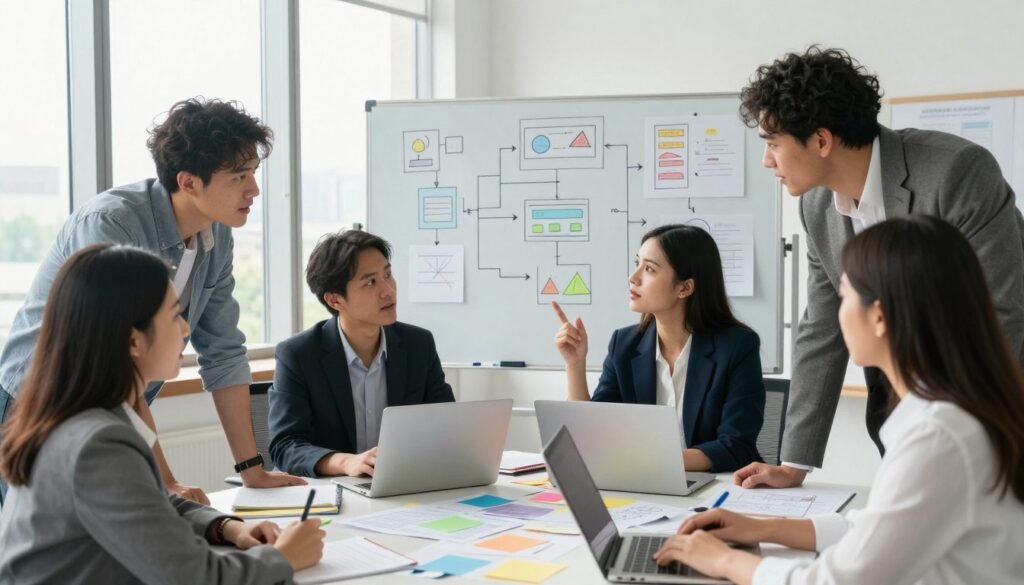 A dynamic, illustrative scene depicting professionals in a modern office setting, actively engaged in problem-solving activities. In the foreground, a diverse group of individuals—two men and two women—dressed in professional business attire—are gathered around a large table filled with notes, laptops, and brainstorming materials. They are animatedly discussing ideas, with expressions of concentration and collaboration. The middle layer features a whiteboard covered in diagrams and flowcharts, symbolizing various problem-solving strategies. In the background, large windows let in natural light, creating a bright and cheerful atmosphere. The overall mood conveys creativity, teamwork, and a proactive approach to developing problem-solving skills, captured with a slight overhead angle for depth and perspective. A dynamic, illustrative scene depicting professionals in a modern office setting, actively engaged in problem-solving activities. In the foreground, a diverse group of individuals—two men and two women—dressed in professional business attire—are gathered around a large table filled with notes, laptops, and brainstorming materials. They are animatedly discussing ideas, with expressions of concentration and collaboration. The middle layer features a whiteboard covered in diagrams and flowcharts, symbolizing various problem-solving strategies. In the background, large windows let in natural light, creating a bright and cheerful atmosphere. The overall mood conveys creativity, teamwork, and a proactive approach to developing problem-solving skills, captured with a slight overhead angle for depth and perspective.