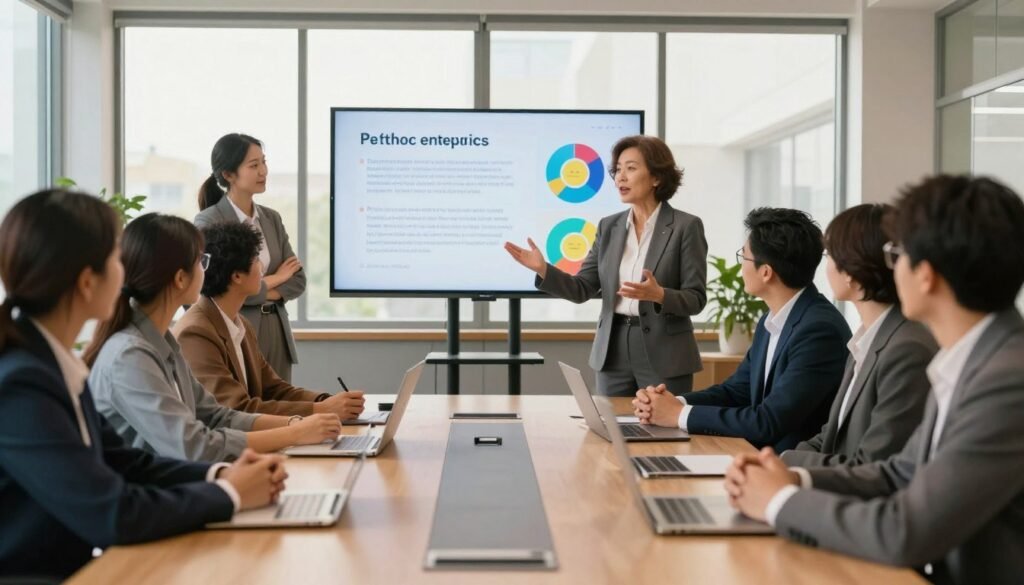 A dynamic office setting showcasing a diverse group of professional individuals engaged in conversation around a large conference table. In the foreground, a middle-aged woman in a tailored suit gestures while enthusiastically sharing her experience with a public service, surrounded by attentive colleagues nodding in agreement. The middle of the image features a digital screen displaying positive customer feedback, incorporating vibrant infographics. In the background, large windows allow warm, natural light to fill the space, enhancing the collaborative atmosphere. The overall mood is one of empowerment and community, reflecting the importance of customer experiences in shaping better public service solutions. Use a wide-angle lens to capture the depth of engagement within the scene, focusing on clarity and warmth in the lighting. A dynamic office setting showcasing a diverse group of professional individuals engaged in conversation around a large conference table. In the foreground, a middle-aged woman in a tailored suit gestures while enthusiastically sharing her experience with a public service, surrounded by attentive colleagues nodding in agreement. The middle of the image features a digital screen displaying positive customer feedback, incorporating vibrant infographics. In the background, large windows allow warm, natural light to fill the space, enhancing the collaborative atmosphere. The overall mood is one of empowerment and community, reflecting the importance of customer experiences in shaping better public service solutions. Use a wide-angle lens to capture the depth of engagement within the scene, focusing on clarity and warmth in the lighting.