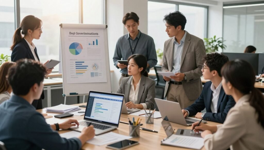 A dynamic office setting showcasing a diverse group of professionals collaborating on a government project focused on best practices for implementation and integration. In the foreground, a mixed-gender team in business attire is engaged in a brainstorming session, with flip charts and digital devices displaying graphs and plans. The middle ground features modern desks cluttered with documents and laptops, highlighting an active work environment. In the background, large windows let in warm, natural light, enhancing the atmosphere of productivity and teamwork. The scene conveys a sense of urgency and innovation, with a soft focus on the collaborative effort, emphasizing communication and community-oriented solutions in public service initiatives. A dynamic office setting showcasing a diverse group of professionals collaborating on a government project focused on best practices for implementation and integration. In the foreground, a mixed-gender team in business attire is engaged in a brainstorming session, with flip charts and digital devices displaying graphs and plans. The middle ground features modern desks cluttered with documents and laptops, highlighting an active work environment. In the background, large windows let in warm, natural light, enhancing the atmosphere of productivity and teamwork. The scene conveys a sense of urgency and innovation, with a soft focus on the collaborative effort, emphasizing communication and community-oriented solutions in public service initiatives.