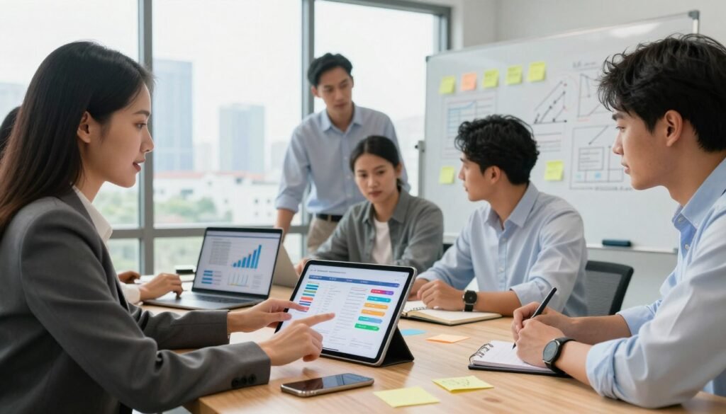 A dynamic project management planning scene featuring a diverse group of professionals strategizing around a large conference table. In the foreground, a confident woman in a tailored suit points at a digital tablet displaying colorful project timelines and charts. To her right, a man in a smart casual shirt takes notes, while another colleague jots ideas on a whiteboard filled with diagrams. The middle ground showcases sticky notes and a laptop with graphs on the screen, conveying an atmosphere of collaboration and creativity. The background features large windows letting in natural light, with a city skyline visible, enhancing the mood of ambition and growth. The overall ambiance is focused and energetic, highlighting effective project planning. A dynamic project management planning scene featuring a diverse group of professionals strategizing around a large conference table. In the foreground, a confident woman in a tailored suit points at a digital tablet displaying colorful project timelines and charts. To her right, a man in a smart casual shirt takes notes, while another colleague jots ideas on a whiteboard filled with diagrams. The middle ground showcases sticky notes and a laptop with graphs on the screen, conveying an atmosphere of collaboration and creativity. The background features large windows letting in natural light, with a city skyline visible, enhancing the mood of ambition and growth. The overall ambiance is focused and energetic, highlighting effective project planning.