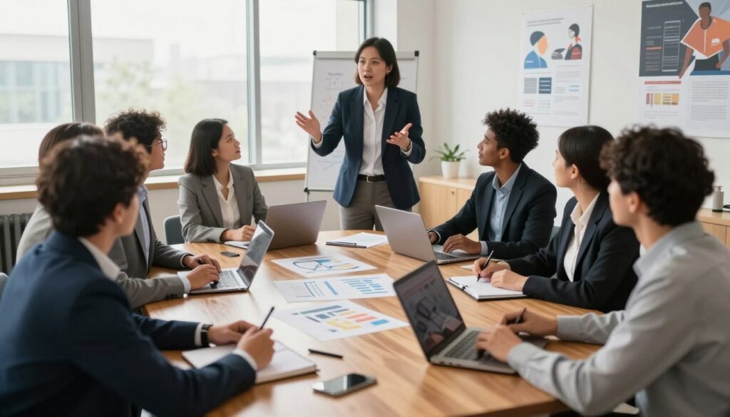 A dynamic scene depicting a diverse group of professionals engaged in a leadership workshop. In the foreground, individuals of varying ethnicities, dressed in smart business attire, are participating actively in a brainstorming session with charts and laptops on a polished wooden table. The middle ground showcases a mentor gesturing enthusiastically, sharing insights on strategy development, while others listen intently, taking notes. The background features a bright, modern conference room with large windows letting in natural light, and inspirational posters on the walls. The composition emphasizes collaboration and empowerment, with an uplifting atmosphere, captured in soft focus to highlight the subjects in the foreground. Use soft, warm lighting to create an inviting mood, shot from a slightly elevated angle to capture the interactions effectively. A dynamic scene depicting a diverse group of professionals engaged in a leadership workshop. In the foreground, individuals of varying ethnicities, dressed in smart business attire, are participating actively in a brainstorming session with charts and laptops on a polished wooden table. The middle ground showcases a mentor gesturing enthusiastically, sharing insights on strategy development, while others listen intently, taking notes. The background features a bright, modern conference room with large windows letting in natural light, and inspirational posters on the walls. The composition emphasizes collaboration and empowerment, with an uplifting atmosphere, captured in soft focus to highlight the subjects in the foreground. Use soft, warm lighting to create an inviting mood, shot from a slightly elevated angle to capture the interactions effectively.
