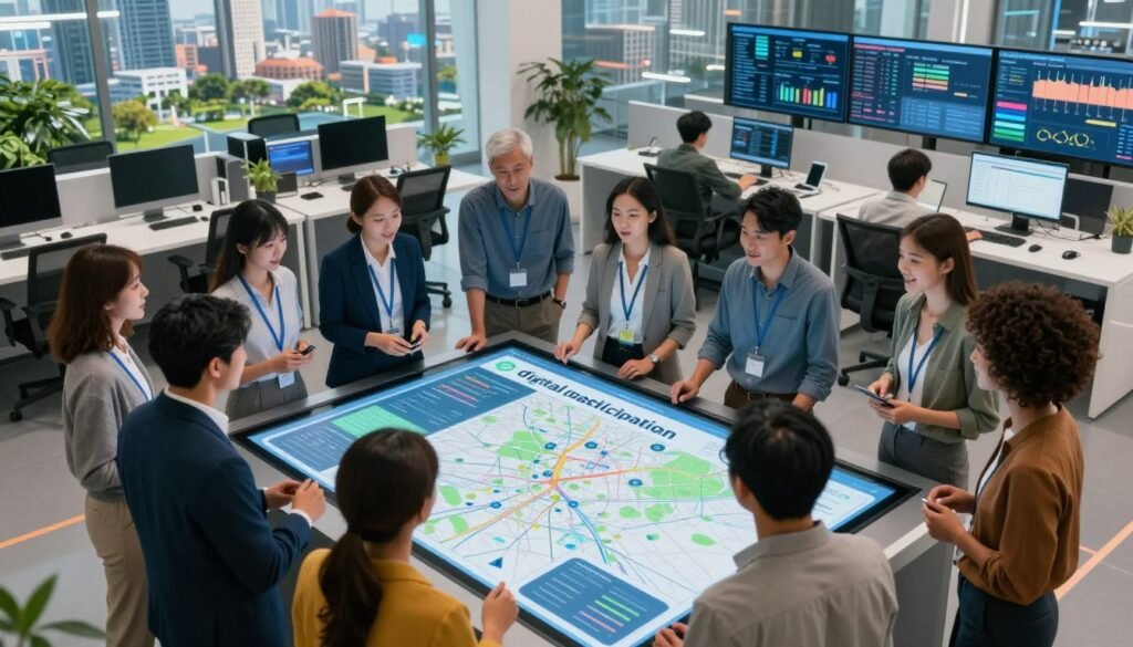 A dynamic scene depicting "digital participation" in a collaborative and modern democratic context. In the foreground, a diverse group of professionals and citizens are engaged around a large interactive touchscreen displaying data visualizations and maps. They are dressed in smart casual attire, expressing enthusiasm and focus. The middle ground features a sleek, contemporary workspace filled with high-tech gadgets and digital screens conveying real-time information. In the background, a futuristic cityscape with green spaces symbolizes progress and connectivity. Soft, ambient lighting enhances the mood of collaboration and innovation, while a slight bird’s eye angle gives an overview of the engaged community. The atmosphere is vibrant and hopeful, showcasing the importance of digital democracy and participation. A dynamic scene depicting "digital participation" in a collaborative and modern democratic context. In the foreground, a diverse group of professionals and citizens are engaged around a large interactive touchscreen displaying data visualizations and maps. They are dressed in smart casual attire, expressing enthusiasm and focus. The middle ground features a sleek, contemporary workspace filled with high-tech gadgets and digital screens conveying real-time information. In the background, a futuristic cityscape with green spaces symbolizes progress and connectivity. Soft, ambient lighting enhances the mood of collaboration and innovation, while a slight bird’s eye angle gives an overview of the engaged community. The atmosphere is vibrant and hopeful, showcasing the importance of digital democracy and participation.