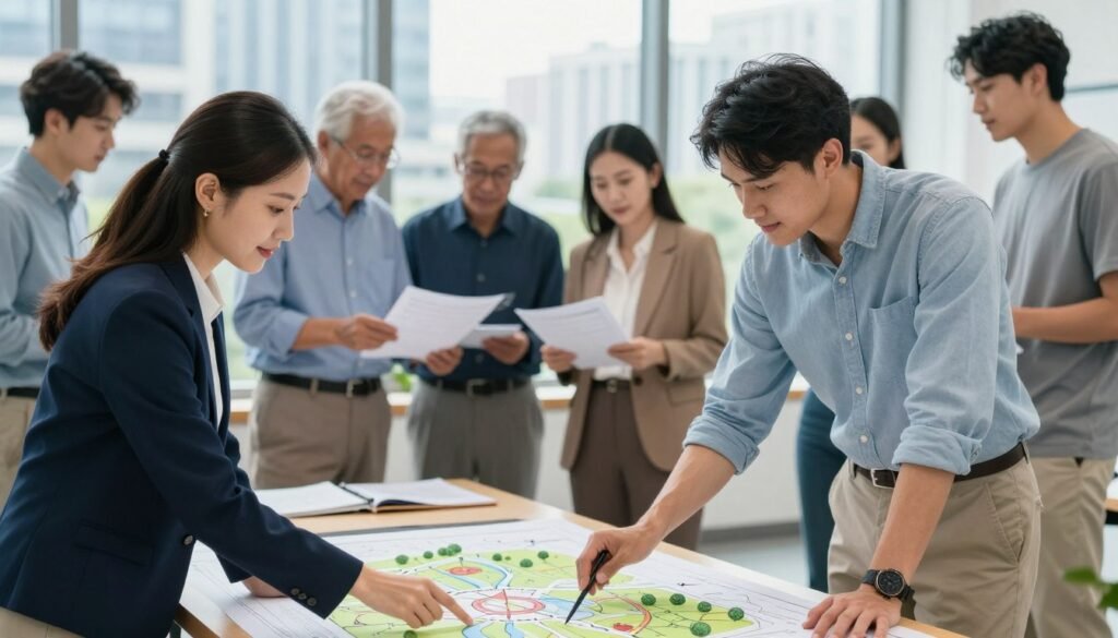 A dynamic scene depicting diverse professionals engaged in various public service careers. In the foreground, a woman in a navy business suit is collaborating with a young man in smart casual attire, both examining a community plan on a table. In the middle ground, a group of professionals, including an elderly man with gray hair and a woman of Asian descent, interact while reviewing documents, showcasing teamwork. In the background, a modern cityscape is visible, symbolizing growth and opportunity. Soft, natural lighting filters through large windows, creating a positive and hopeful atmosphere. The lens captures a wide-angle view to emphasize inclusivity and the collaborative spirit of public service careers. A dynamic scene depicting diverse professionals engaged in various public service careers. In the foreground, a woman in a navy business suit is collaborating with a young man in smart casual attire, both examining a community plan on a table. In the middle ground, a group of professionals, including an elderly man with gray hair and a woman of Asian descent, interact while reviewing documents, showcasing teamwork. In the background, a modern cityscape is visible, symbolizing growth and opportunity. Soft, natural lighting filters through large windows, creating a positive and hopeful atmosphere. The lens captures a wide-angle view to emphasize inclusivity and the collaborative spirit of public service careers.
