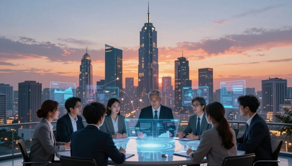 A dynamic scene depicting the concept of "Digital Challenges and Opportunities." In the foreground, a diverse group of professionals in business attire are engaged in animated discussions around a holographic table, showcasing digital interfaces and graphs. In the middle ground, a futuristic cityscape features towering skyscrapers intertwined with digital networks and glowing screens, symbolizing technological advancement. The background is a vibrant sunset with contrasting warm and cool hues, casting an optimistic glow over the scene. The overall mood is one of collaboration, innovation, and forward-thinking, illuminated by soft, ambient lighting from the digital displays, creating an inviting and inspiring atmosphere. The composition should focus on clarity and coherence, avoiding any distractions or clutter in the scene. A dynamic scene depicting the concept of "Digital Challenges and Opportunities." In the foreground, a diverse group of professionals in business attire are engaged in animated discussions around a holographic table, showcasing digital interfaces and graphs. In the middle ground, a futuristic cityscape features towering skyscrapers intertwined with digital networks and glowing screens, symbolizing technological advancement. The background is a vibrant sunset with contrasting warm and cool hues, casting an optimistic glow over the scene. The overall mood is one of collaboration, innovation, and forward-thinking, illuminated by soft, ambient lighting from the digital displays, creating an inviting and inspiring atmosphere. The composition should focus on clarity and coherence, avoiding any distractions or clutter in the scene.
