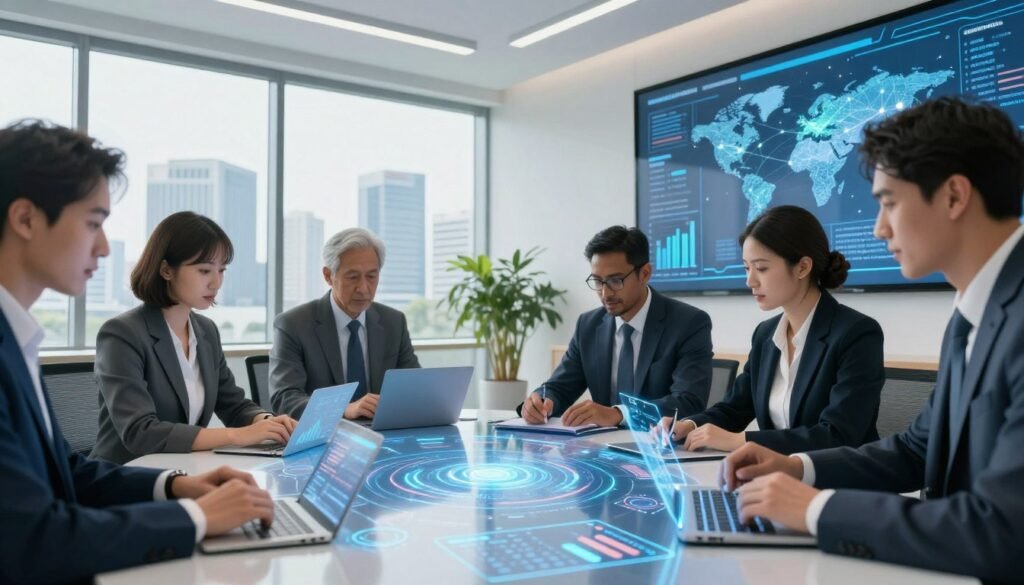 A dynamic scene illustrating government modernization, featuring a group of diverse professionals in smart business attire collaborating around a futuristic digital table. The foreground showcases hands interacting with holographic data visualizations, illustrating concepts like data analytics and AI. In the middle, a spacious, sleek government office with large windows overlooks a modern cityscape, symbolizing transparency and innovation. The background features digital screens displaying progress charts and global connectivity maps. Soft, natural lighting floods the space, creating an optimistic atmosphere, while a wide-angle lens captures the collaborative energy of the environment. The overall mood is one of progress, inclusivity, and a forward-thinking approach to governance in the digital age. A dynamic scene illustrating government modernization, featuring a group of diverse professionals in smart business attire collaborating around a futuristic digital table. The foreground showcases hands interacting with holographic data visualizations, illustrating concepts like data analytics and AI. In the middle, a spacious, sleek government office with large windows overlooks a modern cityscape, symbolizing transparency and innovation. The background features digital screens displaying progress charts and global connectivity maps. Soft, natural lighting floods the space, creating an optimistic atmosphere, while a wide-angle lens captures the collaborative energy of the environment. The overall mood is one of progress, inclusivity, and a forward-thinking approach to governance in the digital age.