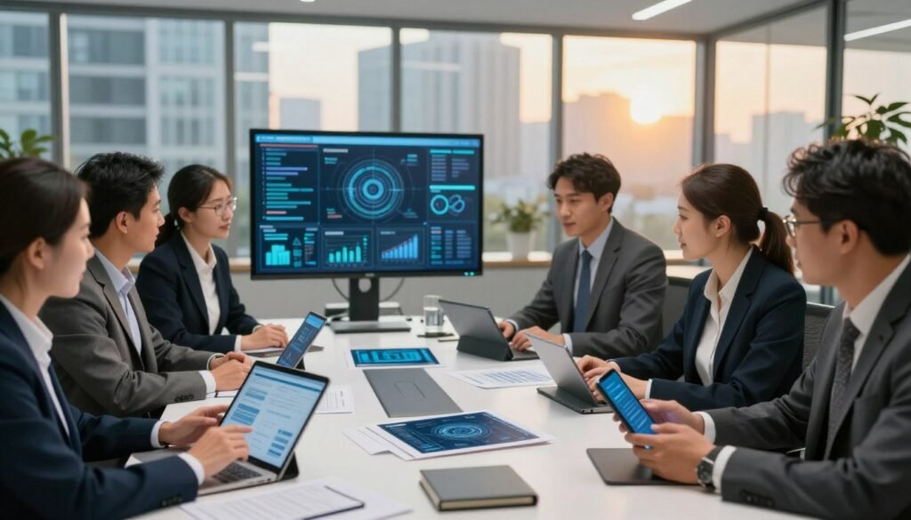 A dynamic scene illustrating the evolution of digitization in the public sector. In the foreground, a diverse group of professionals in business attire engaged in discussions around digital devices, showcasing modern technology like tablets and smartphones. In the middle ground, a sleek conference table cluttered with digital interfaces, data visualizations, and government documents transitioning from paper to digital formats. In the background, a contemporary office environment with large windows reflecting urban cityscapes, bathed in warm natural light, creating an atmosphere of innovation and progress. Soft focus on the background elements to keep the attention on the professionals. The overall mood is optimistic and forward-looking, capturing the essence of governmental digital transformation. A dynamic scene illustrating the evolution of digitization in the public sector. In the foreground, a diverse group of professionals in business attire engaged in discussions around digital devices, showcasing modern technology like tablets and smartphones. In the middle ground, a sleek conference table cluttered with digital interfaces, data visualizations, and government documents transitioning from paper to digital formats. In the background, a contemporary office environment with large windows reflecting urban cityscapes, bathed in warm natural light, creating an atmosphere of innovation and progress. Soft focus on the background elements to keep the attention on the professionals. The overall mood is optimistic and forward-looking, capturing the essence of governmental digital transformation.