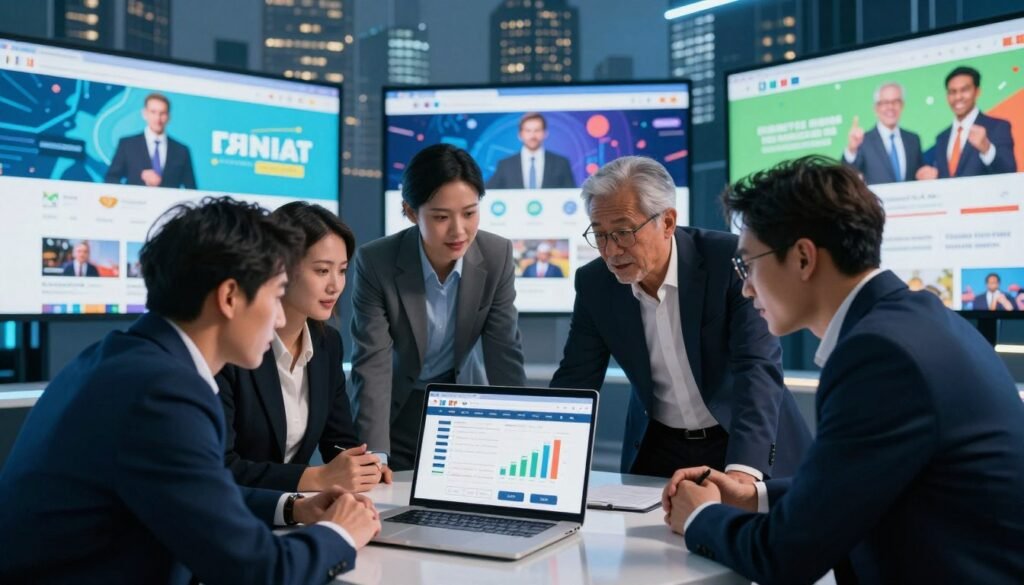 A dynamic scene illustrating the impact of digital platforms on campaign strategies and elections. In the foreground, a diverse group of professionals dressed in smart business attire huddles around a laptop displaying social media interfaces and graphs. The middle ground showcases large screens displaying various digital platforms with vibrant, animated campaign visuals, while a backdrop of a modern city skyline symbolizes the digital age. Bright, focused lighting highlights the engagement and excitement on the professionals' faces, reflecting a sense of collaboration and innovation. The atmosphere is energetic and modern, with a color palette of blues and greens that evokes a sense of technology and progress. Capture this moment from a slightly elevated angle to emphasize the convergence of traditional campaigning and digital innovation. A dynamic scene illustrating the impact of digital platforms on campaign strategies and elections. In the foreground, a diverse group of professionals dressed in smart business attire huddles around a laptop displaying social media interfaces and graphs. The middle ground showcases large screens displaying various digital platforms with vibrant, animated campaign visuals, while a backdrop of a modern city skyline symbolizes the digital age. Bright, focused lighting highlights the engagement and excitement on the professionals' faces, reflecting a sense of collaboration and innovation. The atmosphere is energetic and modern, with a color palette of blues and greens that evokes a sense of technology and progress. Capture this moment from a slightly elevated angle to emphasize the convergence of traditional campaigning and digital innovation.
