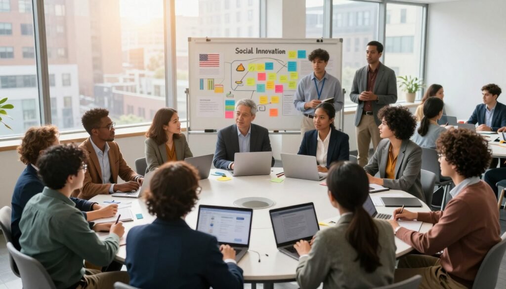 A dynamic scene showcasing a vibrant community meeting focused on social innovation in the United States and Canada. In the foreground, a diverse group of professionals, dressed in business casual attire, actively engage in discussion around a large round table, with laptops and notepads scattered. The middle ground features a colorful whiteboard filled with diagrams and sticky notes illustrating innovative ideas. The background displays large windows allowing natural sunlight to flood the room, highlighting urban cityscapes of both countries. A soft, warm light casts a welcoming atmosphere, evoking collaboration and inspiration. Capture the angle from slightly above to emphasize interaction and dynamism, enhancing the feeling of innovation and teamwork. A dynamic scene showcasing a vibrant community meeting focused on social innovation in the United States and Canada. In the foreground, a diverse group of professionals, dressed in business casual attire, actively engage in discussion around a large round table, with laptops and notepads scattered. The middle ground features a colorful whiteboard filled with diagrams and sticky notes illustrating innovative ideas. The background displays large windows allowing natural sunlight to flood the room, highlighting urban cityscapes of both countries. A soft, warm light casts a welcoming atmosphere, evoking collaboration and inspiration. Capture the angle from slightly above to emphasize interaction and dynamism, enhancing the feeling of innovation and teamwork.