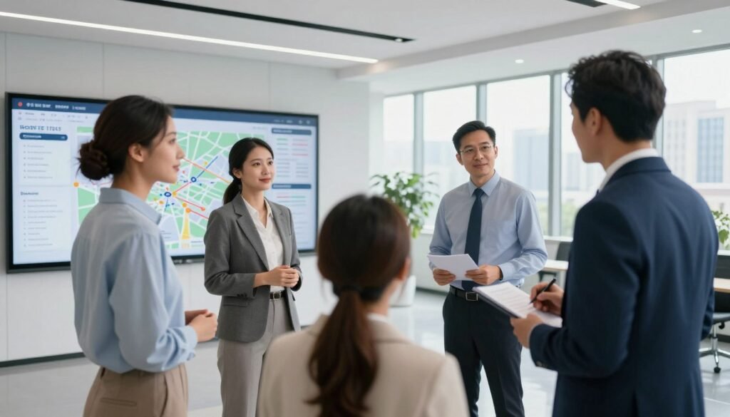 A dynamic scene showcasing the interaction between citizens and government officials, illustrating the theme of problem reporting and solution-finding. In the foreground, a diverse group of three citizens, dressed in professional business attire, is actively engaging with a government representative at a modern, well-lit office space. The middle ground reveals an open floor plan with digital maps and infographics on display, representing problem areas. In the background, large windows allow natural light to flood in, illuminating a cityscape that symbolizes community. The mood is collaborative and hopeful, emphasizing teamwork and open communication. The composition is shot from a slight low angle to create a sense of importance and seriousness in the engagement, with soft shadows enhancing the professional atmosphere. A dynamic scene showcasing the interaction between citizens and government officials, illustrating the theme of problem reporting and solution-finding. In the foreground, a diverse group of three citizens, dressed in professional business attire, is actively engaging with a government representative at a modern, well-lit office space. The middle ground reveals an open floor plan with digital maps and infographics on display, representing problem areas. In the background, large windows allow natural light to flood in, illuminating a cityscape that symbolizes community. The mood is collaborative and hopeful, emphasizing teamwork and open communication. The composition is shot from a slight low angle to create a sense of importance and seriousness in the engagement, with soft shadows enhancing the professional atmosphere.