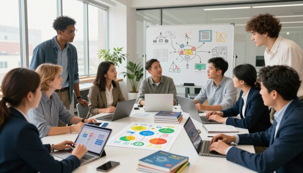A dynamic workspace illustrating tools and resources for civic tech projects. In the foreground, a diverse group of individuals in professional attire collaborates over a large table filled with tablets, laptops, and colorful infographics. They represent various backgrounds, engaged in vibrant discussions. In the middle, a whiteboard showcases sketched ideas and diagrams related to community projects, while stacks of tech manuals and coding books add depth. The background features a bright, modern office with large windows letting in natural light, giving an open and inviting atmosphere. Use a wide-angle lens to capture the energy of the collaborative efforts, with soft, warm lighting to create a motivational mood. The scene should feel innovative and inspiring, perfect for illustrating civic tech's positive impact on communities. A dynamic workspace illustrating tools and resources for civic tech projects. In the foreground, a diverse group of individuals in professional attire collaborates over a large table filled with tablets, laptops, and colorful infographics. They represent various backgrounds, engaged in vibrant discussions. In the middle, a whiteboard showcases sketched ideas and diagrams related to community projects, while stacks of tech manuals and coding books add depth. The background features a bright, modern office with large windows letting in natural light, giving an open and inviting atmosphere. Use a wide-angle lens to capture the energy of the collaborative efforts, with soft, warm lighting to create a motivational mood. The scene should feel innovative and inspiring, perfect for illustrating civic tech's positive impact on communities.