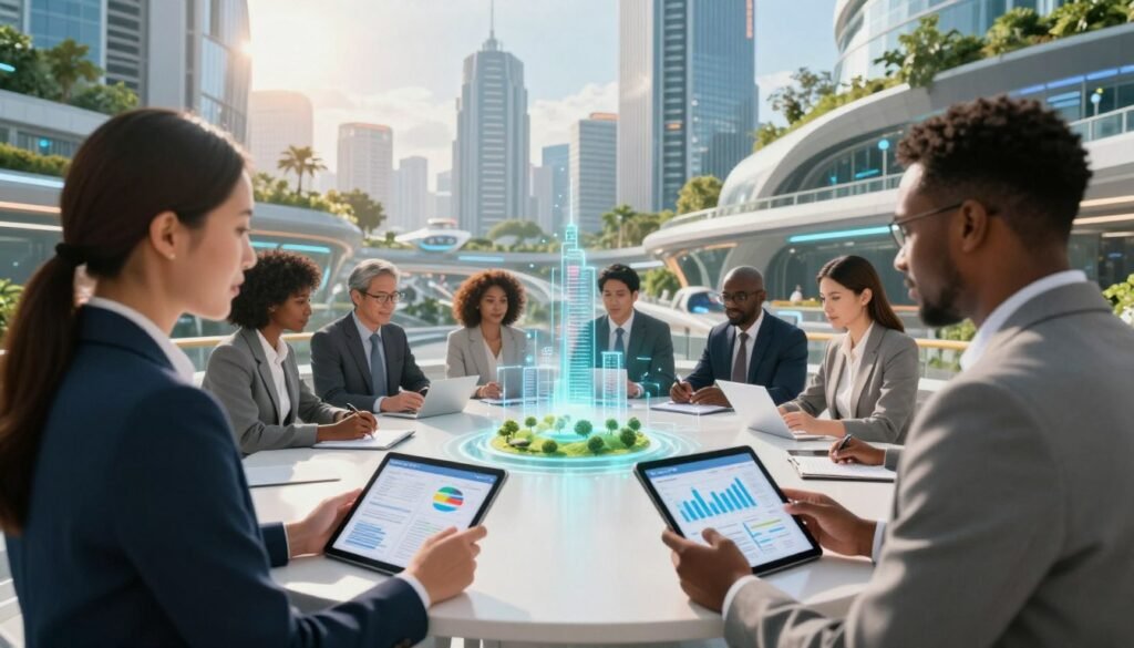 A futuristic cityscape depicting a diverse group of professionals engaged in civic discussions. In the foreground, two individuals in business attire, one Asian and one Black, are studying digital tablets displaying graphs and data about civic trends. In the middle ground, a round table surrounded by people of various ethnicities brainstorms policy ideas, with holographic projections of sustainable urban environments shimmering above them. The background showcases innovative architecture with greenery integrated into the buildings and smart transportation systems. The lighting is bright and optimistic, with a dawn-like glow suggesting hope for the future. The atmosphere feels collaborative and forward-thinking, encapsulating the theme of civic engagement and policy implications in a rapidly changing world. A futuristic cityscape depicting a diverse group of professionals engaged in civic discussions. In the foreground, two individuals in business attire, one Asian and one Black, are studying digital tablets displaying graphs and data about civic trends. In the middle ground, a round table surrounded by people of various ethnicities brainstorms policy ideas, with holographic projections of sustainable urban environments shimmering above them. The background showcases innovative architecture with greenery integrated into the buildings and smart transportation systems. The lighting is bright and optimistic, with a dawn-like glow suggesting hope for the future. The atmosphere feels collaborative and forward-thinking, encapsulating the theme of civic engagement and policy implications in a rapidly changing world.