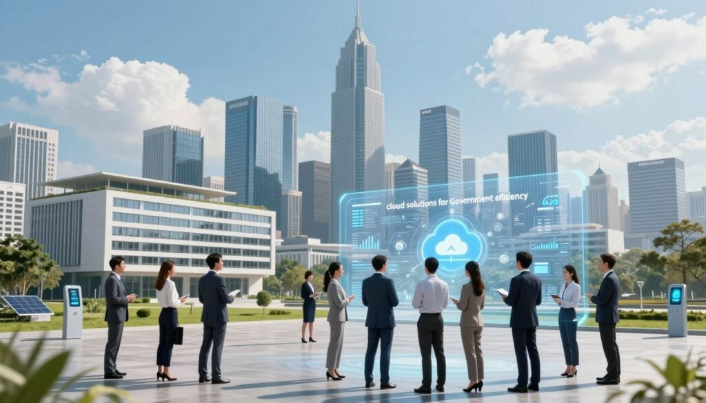 A futuristic cityscape illustrating "cloud solutions for government efficiency." In the foreground, a diverse group of professionals in business attire strategically interacts with a transparent digital interface displaying graphs, data analytics, and cloud icons. The middle ground features modern government buildings integrated with green technology, showcasing solar panels and smart devices. A skyline of sleek skyscrapers stretches into the background, under a bright blue sky with fluffy white clouds, symbolizing innovation and clarity. Natural lighting casts soft shadows, creating an optimistic atmosphere. The scene captures the synergy of technology and public service, visually emphasizing the role of data in enhancing community efficiency. A futuristic cityscape illustrating "cloud solutions for government efficiency." In the foreground, a diverse group of professionals in business attire strategically interacts with a transparent digital interface displaying graphs, data analytics, and cloud icons. The middle ground features modern government buildings integrated with green technology, showcasing solar panels and smart devices. A skyline of sleek skyscrapers stretches into the background, under a bright blue sky with fluffy white clouds, symbolizing innovation and clarity. Natural lighting casts soft shadows, creating an optimistic atmosphere. The scene captures the synergy of technology and public service, visually emphasizing the role of data in enhancing community efficiency.