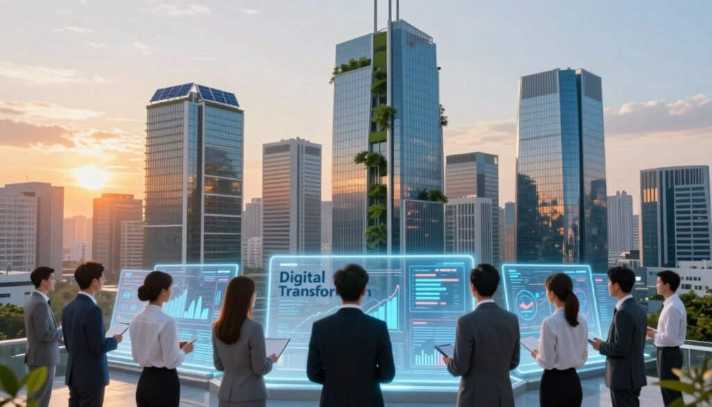 A futuristic cityscape representing "Digital Transformation" in the modern age. In the foreground, a diverse group of professionals in business attire collaborates around glowing digital screens filled with graphs and data. In the middle ground, sleek skyscrapers with green technology, such as solar panels and vertical gardens, rise majestically. The background features a vibrant sunset casting warm rays over the city, enhancing the innovation atmosphere. The image should have a soft focus on the edges to create depth, with bright, dynamic lighting highlighting the screens and reflections on glass buildings. The mood is optimistic and progressive, showcasing the integration of technology in everyday life for stronger communities. A futuristic cityscape representing "Digital Transformation" in the modern age. In the foreground, a diverse group of professionals in business attire collaborates around glowing digital screens filled with graphs and data. In the middle ground, sleek skyscrapers with green technology, such as solar panels and vertical gardens, rise majestically. The background features a vibrant sunset casting warm rays over the city, enhancing the innovation atmosphere. The image should have a soft focus on the edges to create depth, with bright, dynamic lighting highlighting the screens and reflections on glass buildings. The mood is optimistic and progressive, showcasing the integration of technology in everyday life for stronger communities.