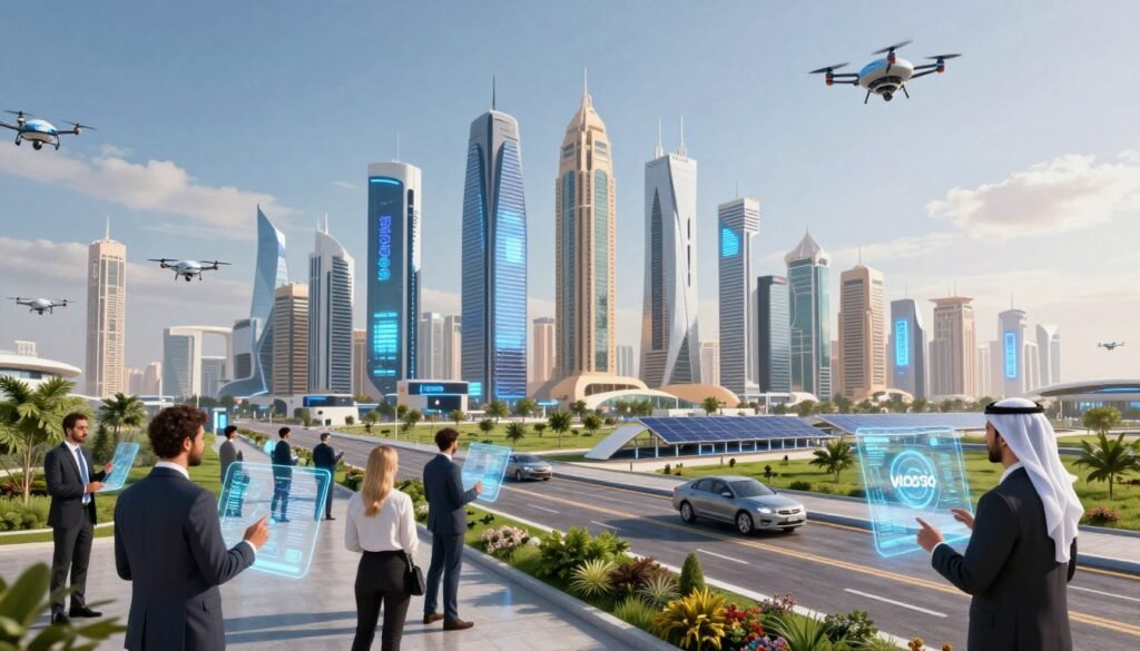 A futuristic cityscape representing "Vision 2030" and technological advancements in the public sector, with sleek skyscrapers adorned with digital screens and green spaces. In the foreground, diverse professionals in business attire engage with holographic interfaces and drones, illustrating collaboration and innovation. The middle ground features smart transportation systems and renewable energy sources, while the background shows a clear sky with flying vehicles, symbolizing progress. The lighting is bright and optimistic, casting soft shadows to emphasize connectivity and development. The overall atmosphere conveys a sense of hope and forward-thinking, reflecting the future of digital transformation in the public sector. A futuristic cityscape representing "Vision 2030" and technological advancements in the public sector, with sleek skyscrapers adorned with digital screens and green spaces. In the foreground, diverse professionals in business attire engage with holographic interfaces and drones, illustrating collaboration and innovation. The middle ground features smart transportation systems and renewable energy sources, while the background shows a clear sky with flying vehicles, symbolizing progress. The lighting is bright and optimistic, casting soft shadows to emphasize connectivity and development. The overall atmosphere conveys a sense of hope and forward-thinking, reflecting the future of digital transformation in the public sector.