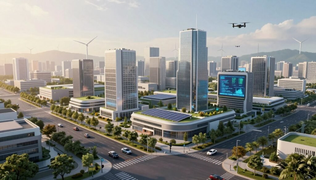 A futuristic cityscape showcasing IoT and advanced infrastructure, with smart traffic lights and interconnected vehicles in the foreground. In the middle ground, high-tech buildings with solar panels, green roofs, and digital billboards displaying real-time data. The background features a skyline with wind turbines and drones flying above. Use soft, diffused lighting to create a harmonious atmosphere, with the golden hour sun casting warm hues across the scene. Capture a wide-angle view to emphasize the expansiveness of the city’s technology integration. The mood should be optimistic and innovative, symbolizing the potential of smart city solutions. Include subtle hints of greenery, such as urban gardens, to illustrate sustainability. A futuristic cityscape showcasing IoT and advanced infrastructure, with smart traffic lights and interconnected vehicles in the foreground. In the middle ground, high-tech buildings with solar panels, green roofs, and digital billboards displaying real-time data. The background features a skyline with wind turbines and drones flying above. Use soft, diffused lighting to create a harmonious atmosphere, with the golden hour sun casting warm hues across the scene. Capture a wide-angle view to emphasize the expansiveness of the city’s technology integration. The mood should be optimistic and innovative, symbolizing the potential of smart city solutions. Include subtle hints of greenery, such as urban gardens, to illustrate sustainability.