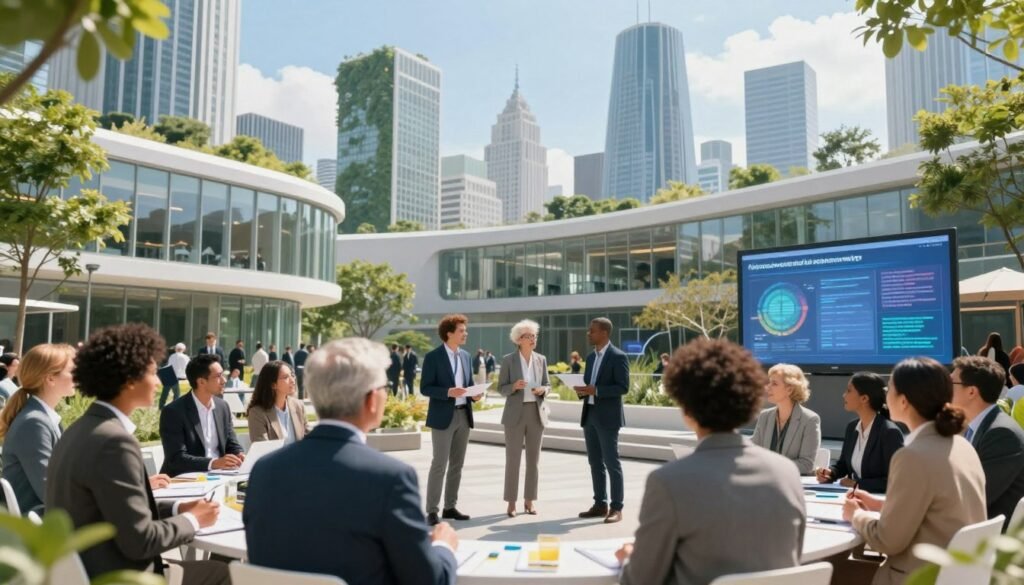A futuristic cityscape, showcasing a vibrant, inclusive public forum where diverse groups of people engage in collaborative discussions. In the foreground, individuals of various ethnicities and ages, dressed in professional business attire, are animatedly sharing ideas and brainstorming. The middle ground features modern architecture with large windows, symbolizing transparency, and digital displays of data, illustrating open governance. The background is a skyline of eco-friendly skyscrapers under a bright blue sky, promoting sustainability. Soft natural lighting bathes the scene, enhancing a hopeful and proactive atmosphere. A low-angle perspective captures the engagement and energy of the community, reflecting a vision for participatory democracy in a harmonious environment. A futuristic cityscape, showcasing a vibrant, inclusive public forum where diverse groups of people engage in collaborative discussions. In the foreground, individuals of various ethnicities and ages, dressed in professional business attire, are animatedly sharing ideas and brainstorming. The middle ground features modern architecture with large windows, symbolizing transparency, and digital displays of data, illustrating open governance. The background is a skyline of eco-friendly skyscrapers under a bright blue sky, promoting sustainability. Soft natural lighting bathes the scene, enhancing a hopeful and proactive atmosphere. A low-angle perspective captures the engagement and energy of the community, reflecting a vision for participatory democracy in a harmonious environment.