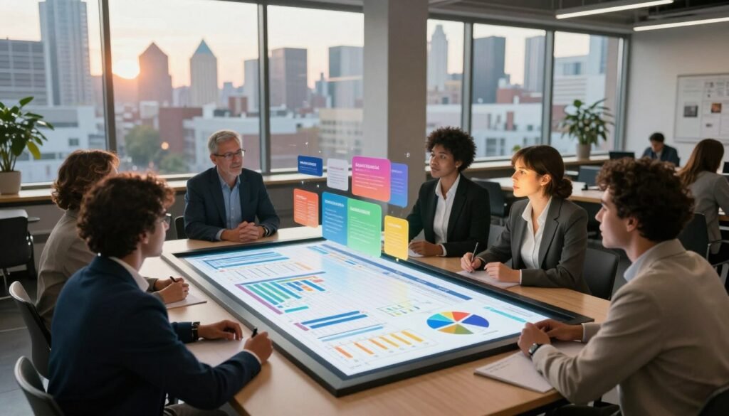 A futuristic collaborative budgeting workshop scene set in an urban community center. In the foreground, a diverse group of professionals and community members, dressed in smart business attire, engage in lively discussions around a large digital touchscreen displaying budget allocation charts and graphs. In the middle, colorful visualizations of budget proposals float above the table, illuminating faces with a warm glow. The background showcases large windows with a city skyline bathed in soft afternoon light, creating an inspiring and optimistic atmosphere. The composition is slightly angled from above, emphasizing the collaborative nature of budgeting, with a focus on teamwork and innovation. The mood is vibrant, encouraging, and forward-thinking, reflecting the future trends in participatory budgeting. A futuristic collaborative budgeting workshop scene set in an urban community center. In the foreground, a diverse group of professionals and community members, dressed in smart business attire, engage in lively discussions around a large digital touchscreen displaying budget allocation charts and graphs. In the middle, colorful visualizations of budget proposals float above the table, illuminating faces with a warm glow. The background showcases large windows with a city skyline bathed in soft afternoon light, creating an inspiring and optimistic atmosphere. The composition is slightly angled from above, emphasizing the collaborative nature of budgeting, with a focus on teamwork and innovation. The mood is vibrant, encouraging, and forward-thinking, reflecting the future trends in participatory budgeting.