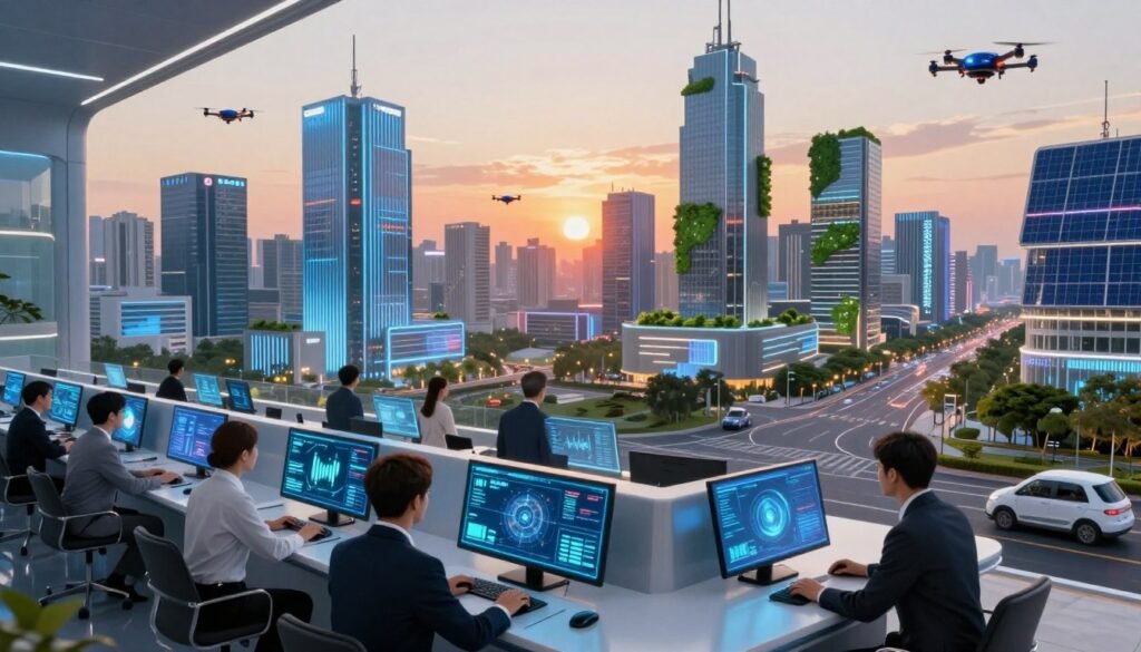 A futuristic digital infrastructure concept, showcasing a vibrant cityscape infused with technology. In the foreground, a sleek control center filled with diverse professionals in business attire working on holographic displays and touchscreen interfaces, analyzing real-time data streams. The middle ground reveals smart buildings with integrated digital elements, while drones and autonomous vehicles navigate the street below. In the background, a sunset casts a warm glow, with towering skyscrapers equipped with solar panels and green technology, symbolizing sustainability. The atmosphere is energetic, reflecting innovation and efficiency in a modern, interconnected society. Soft, diffused lighting enhances the high-tech ambiance, with a focus on clarity and depth of field for a dynamic perspective. A futuristic digital infrastructure concept, showcasing a vibrant cityscape infused with technology. In the foreground, a sleek control center filled with diverse professionals in business attire working on holographic displays and touchscreen interfaces, analyzing real-time data streams. The middle ground reveals smart buildings with integrated digital elements, while drones and autonomous vehicles navigate the street below. In the background, a sunset casts a warm glow, with towering skyscrapers equipped with solar panels and green technology, symbolizing sustainability. The atmosphere is energetic, reflecting innovation and efficiency in a modern, interconnected society. Soft, diffused lighting enhances the high-tech ambiance, with a focus on clarity and depth of field for a dynamic perspective.