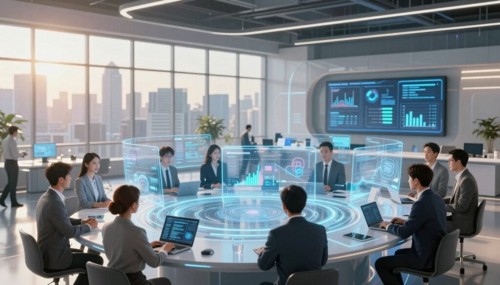 A futuristic digital workspace illustrating the concept of "building an integrated digital entity." In the foreground, a diverse group of professionals in business attire collaborates around a holographic interface, showcasing various digital tools and data streams. The middle layer features sleek, modern office architecture with large screens displaying graphs and analytics. In the background, a city skyline is visible through expansive windows, under a bright and inviting atmosphere with soft sunlight filtering through the glass. The lighting is warm and engaging, subtly illuminating the high-tech environment, creating a sense of innovation and momentum. The overall mood is dynamic, inspiring, and forward-looking, reflecting a thriving digital ecosystem. A futuristic digital workspace illustrating the concept of "building an integrated digital entity." In the foreground, a diverse group of professionals in business attire collaborates around a holographic interface, showcasing various digital tools and data streams. The middle layer features sleek, modern office architecture with large screens displaying graphs and analytics. In the background, a city skyline is visible through expansive windows, under a bright and inviting atmosphere with soft sunlight filtering through the glass. The lighting is warm and engaging, subtly illuminating the high-tech environment, creating a sense of innovation and momentum. The overall mood is dynamic, inspiring, and forward-looking, reflecting a thriving digital ecosystem.