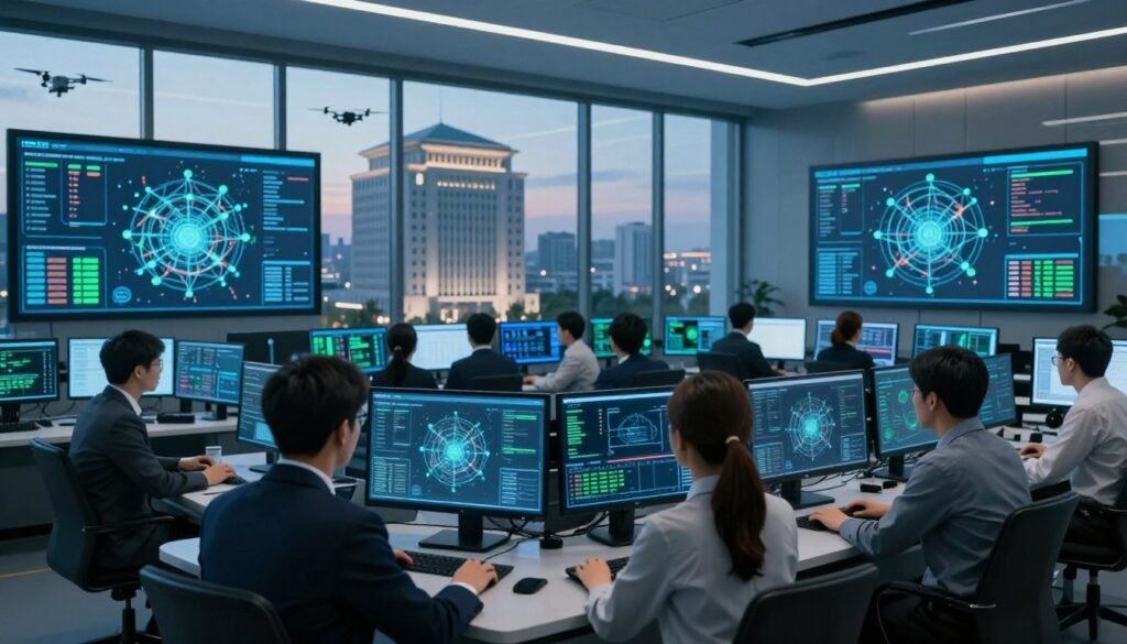A futuristic government cybersecurity operations center, showcasing advanced technology in a sleek, high-tech environment. In the foreground, a diverse group of professionals in business attire is engaged in monitoring digital interfaces, analyzing data streams, and strategizing against cyber threats. The middle ground features large screens displaying complex graphs, network maps, and security alerts, illuminated by cool blue and green LED lighting. In the background, a panoramic window reveals a cityscape at dusk, with a towering government building and drones flying overhead, symbolizing the integration of technology in urban security. The atmosphere conveys urgency and professionalism, emphasizing collaboration and innovation in cyber defense. Soft, dynamic lighting enhances the focus on the team's diligent work. A futuristic government cybersecurity operations center, showcasing advanced technology in a sleek, high-tech environment. In the foreground, a diverse group of professionals in business attire is engaged in monitoring digital interfaces, analyzing data streams, and strategizing against cyber threats. The middle ground features large screens displaying complex graphs, network maps, and security alerts, illuminated by cool blue and green LED lighting. In the background, a panoramic window reveals a cityscape at dusk, with a towering government building and drones flying overhead, symbolizing the integration of technology in urban security. The atmosphere conveys urgency and professionalism, emphasizing collaboration and innovation in cyber defense. Soft, dynamic lighting enhances the focus on the team's diligent work.