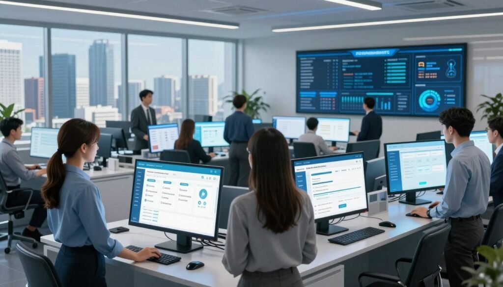A futuristic government office environment illustrating an integrated government platform. In the foreground, a diverse group of professionals—two women and one man, all in smart business attire—are interacting with large touch-screen displays showing various civic app interfaces. The middle ground features sleek computer workstations with multiple screens showcasing real-time data analytics and citizen engagement tools. The background reveals a modern city skyline through large windows, with a clear blue sky. Soft, diffused lighting enhances the professional atmosphere, while a dynamic color palette of blues and greens reflects a sense of technology and innovation. The overall mood is collaborative and efficient, emphasizing the empowerment of citizens through digital solutions. A futuristic government office environment illustrating an integrated government platform. In the foreground, a diverse group of professionals—two women and one man, all in smart business attire—are interacting with large touch-screen displays showing various civic app interfaces. The middle ground features sleek computer workstations with multiple screens showcasing real-time data analytics and citizen engagement tools. The background reveals a modern city skyline through large windows, with a clear blue sky. Soft, diffused lighting enhances the professional atmosphere, while a dynamic color palette of blues and greens reflects a sense of technology and innovation. The overall mood is collaborative and efficient, emphasizing the empowerment of citizens through digital solutions.