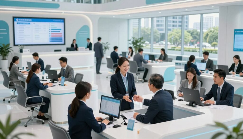A futuristic government service center filled with diverse professionals in business attire, engaging with citizens at sleek, modern service desks. In the foreground, a friendly employee assists a middle-aged man, demonstrating an efficient and welcoming atmosphere. The middle layer shows a spacious, bright lobby with people interacting, digital displays showcasing various services. In the background, large windows allow natural light to flood the space, revealing a cityscape that incorporates greenery and modern architecture. The color palette features soft blues and whites, creating a calming effect. The overall mood is professional yet approachable, embodying the essence of efficient public service. High-resolution, taken with a wide-angle lens for depth, with soft-focus effects on the edges to draw attention to the central interactions. A futuristic government service center filled with diverse professionals in business attire, engaging with citizens at sleek, modern service desks. In the foreground, a friendly employee assists a middle-aged man, demonstrating an efficient and welcoming atmosphere. The middle layer shows a spacious, bright lobby with people interacting, digital displays showcasing various services. In the background, large windows allow natural light to flood the space, revealing a cityscape that incorporates greenery and modern architecture. The color palette features soft blues and whites, creating a calming effect. The overall mood is professional yet approachable, embodying the essence of efficient public service. High-resolution, taken with a wide-angle lens for depth, with soft-focus effects on the edges to draw attention to the central interactions.