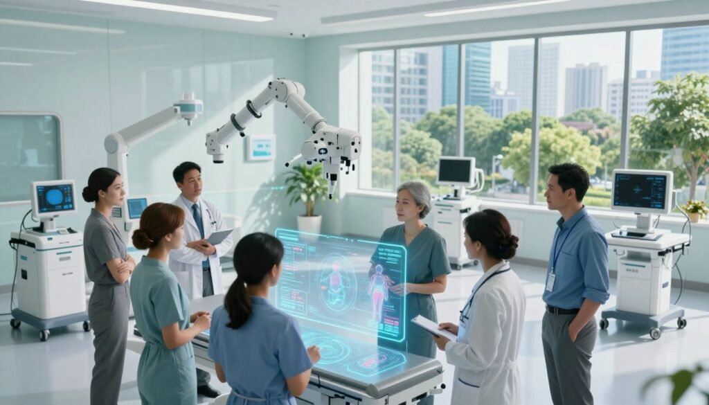 A futuristic healthcare innovation scene set in a sleek, modern hospital environment. In the foreground, a diverse group of healthcare professionals dressed in professional business attire collaborates around a holographic interface displaying patient data and advanced diagnostic tools. The middle ground features advanced medical technology like robotic surgical instruments and telemedicine stations, showcasing a seamless blend of human expertise and machine efficiency. The background reveals large windows with a view of a vibrant, eco-friendly cityscape, emphasizing the integration of healthcare within urban life. Soft, natural lighting pours in, creating a bright and optimistic atmosphere. The image conveys a sense of hope and progress, highlighting the transformative future of healthcare services. A futuristic healthcare innovation scene set in a sleek, modern hospital environment. In the foreground, a diverse group of healthcare professionals dressed in professional business attire collaborates around a holographic interface displaying patient data and advanced diagnostic tools. The middle ground features advanced medical technology like robotic surgical instruments and telemedicine stations, showcasing a seamless blend of human expertise and machine efficiency. The background reveals large windows with a view of a vibrant, eco-friendly cityscape, emphasizing the integration of healthcare within urban life. Soft, natural lighting pours in, creating a bright and optimistic atmosphere. The image conveys a sense of hope and progress, highlighting the transformative future of healthcare services.