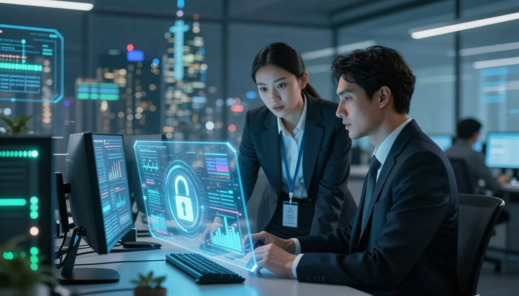 A futuristic office environment emphasizing cybersecurity, featuring a professional man and woman discussing over a digital interface filled with glowing graphs and security analytics. In the foreground, a holographic display shows lock icons and firewall visuals, symbolizing strong protection. The middle layer includes modern computer systems with LED lights, while the background displays a cityscape with digital overlays, indicating a connected, secure future. The lighting is bright and focused, highlighting the subjects while casting soft shadows to create depth. The atmosphere is one of collaboration and innovation, with a cool color palette of blues and greens to convey a sense of technology and security. A futuristic office environment emphasizing cybersecurity, featuring a professional man and woman discussing over a digital interface filled with glowing graphs and security analytics. In the foreground, a holographic display shows lock icons and firewall visuals, symbolizing strong protection. The middle layer includes modern computer systems with LED lights, while the background displays a cityscape with digital overlays, indicating a connected, secure future. The lighting is bright and focused, highlighting the subjects while casting soft shadows to create depth. The atmosphere is one of collaboration and innovation, with a cool color palette of blues and greens to convey a sense of technology and security.