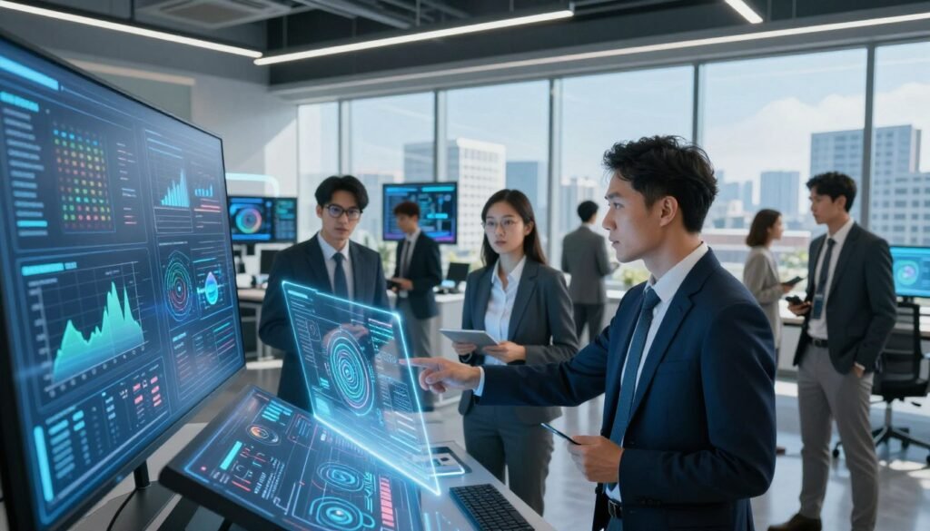 A futuristic office environment filled with advanced technology, showcasing a diverse group of professionals in business attire collaborating around a large digital display. The foreground features a data analyst pointing at a glowing holographic interface filled with graphs and AI algorithms, while colleagues observe with expressions of curiosity and interest. In the middle ground, various digital screens illustrate streams of data and AI insights. The background showcases large windows with a view of a modern cityscape under a clear blue sky, illuminating the space with natural light. A sense of innovation and teamwork permeates the scene, with a focus on informed decision-making in a government context. Use a wide-angle lens to capture both the detailed interactions and the expansive setting. A futuristic office environment filled with advanced technology, showcasing a diverse group of professionals in business attire collaborating around a large digital display. The foreground features a data analyst pointing at a glowing holographic interface filled with graphs and AI algorithms, while colleagues observe with expressions of curiosity and interest. In the middle ground, various digital screens illustrate streams of data and AI insights. The background showcases large windows with a view of a modern cityscape under a clear blue sky, illuminating the space with natural light. A sense of innovation and teamwork permeates the scene, with a focus on informed decision-making in a government context. Use a wide-angle lens to capture both the detailed interactions and the expansive setting.
