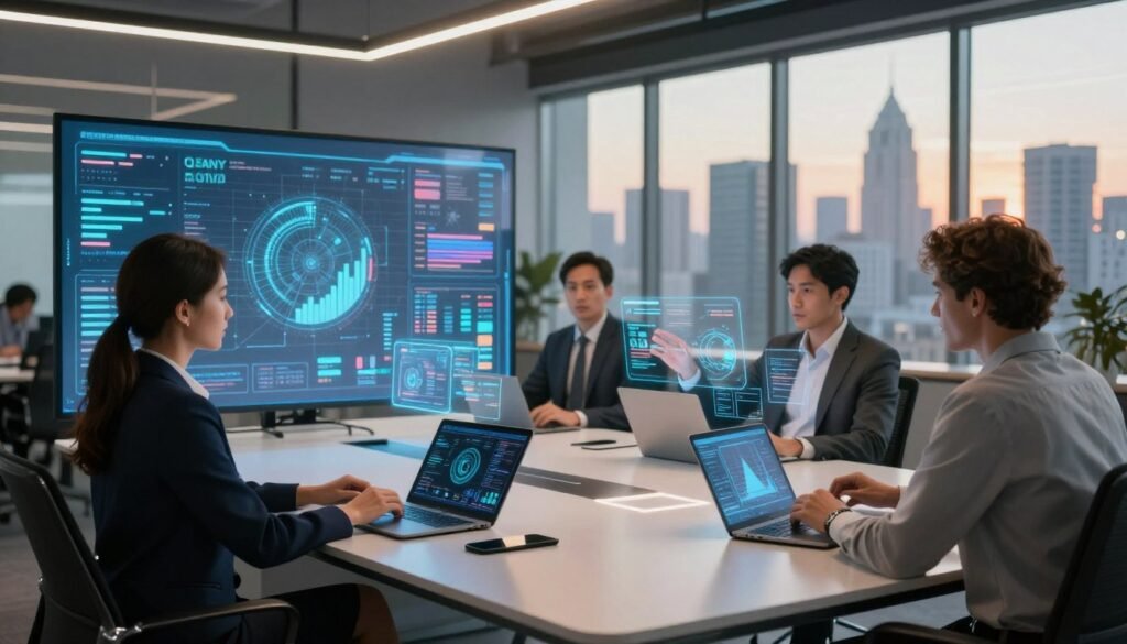 A futuristic office environment filled with diverse professionals actively engaging with large digital datasets on holographic screens. In the foreground, a woman in business attire analyzes complex graphs and visuals, while a man beside her interacts with virtual tools, capturing data insights. The middle features a sleek conference table with tablets and laptops displaying various datasets, illuminated by warm, soft lighting that creates a focused yet inspiring atmosphere. The background shows tall windows with a view of a vibrant city skyline, symbolizing innovation and opportunity. Use a wide-angle lens to capture the dynamic interaction and collaboration, evoking a sense of purpose and forward-thinking in the realm of open data. A futuristic office environment filled with diverse professionals actively engaging with large digital datasets on holographic screens. In the foreground, a woman in business attire analyzes complex graphs and visuals, while a man beside her interacts with virtual tools, capturing data insights. The middle features a sleek conference table with tablets and laptops displaying various datasets, illuminated by warm, soft lighting that creates a focused yet inspiring atmosphere. The background shows tall windows with a view of a vibrant city skyline, symbolizing innovation and opportunity. Use a wide-angle lens to capture the dynamic interaction and collaboration, evoking a sense of purpose and forward-thinking in the realm of open data.