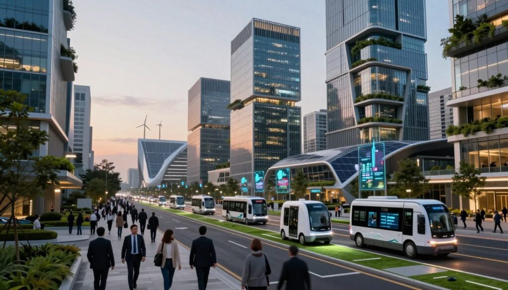 A futuristic smart city skyline at dusk, with sleek, modern architecture featuring green spaces integrated into the buildings. In the foreground, a busy street filled with people in professional attire, showcasing the vibrancy of urban life. In the middle, autonomous vehicles and electric public transport systems glide smoothly along eco-friendly pathways. The background displays a panoramic view of innovative structures with solar panels and wind turbines, all illuminated by soft artificial lighting. The atmosphere exudes a sense of innovation and technology, with holographic advertisements projecting dynamic city services. Capture the scene with a wide-angle lens, highlighting the connectivity and sustainability of smart cities, while maintaining a warm, inviting glow that encourages exploration and community. A futuristic smart city skyline at dusk, with sleek, modern architecture featuring green spaces integrated into the buildings. In the foreground, a busy street filled with people in professional attire, showcasing the vibrancy of urban life. In the middle, autonomous vehicles and electric public transport systems glide smoothly along eco-friendly pathways. The background displays a panoramic view of innovative structures with solar panels and wind turbines, all illuminated by soft artificial lighting. The atmosphere exudes a sense of innovation and technology, with holographic advertisements projecting dynamic city services. Capture the scene with a wide-angle lens, highlighting the connectivity and sustainability of smart cities, while maintaining a warm, inviting glow that encourages exploration and community.