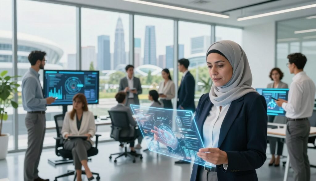 A futuristic vision of public administration, showcasing a diverse group of professionals in modern business attire collaborating in a bright, airy office environment. In the foreground, a middle-aged woman of Middle-Eastern descent stands confidently, reviewing digital plans on a holographic screen. In the middle ground, a multi-ethnic team engaged in a brainstorming session is depicted, surrounded by interactive displays and digital interfaces. The background features a large, panoramic window revealing a futuristic city skyline with green spaces and advanced architecture. Soft natural light floods the room, creating a productive and optimistic atmosphere, symbolizing innovation and effective governance for sustainable development. The scene conveys a sense of progress, collaboration, and visionary leadership. A futuristic vision of public administration, showcasing a diverse group of professionals in modern business attire collaborating in a bright, airy office environment. In the foreground, a middle-aged woman of Middle-Eastern descent stands confidently, reviewing digital plans on a holographic screen. In the middle ground, a multi-ethnic team engaged in a brainstorming session is depicted, surrounded by interactive displays and digital interfaces. The background features a large, panoramic window revealing a futuristic city skyline with green spaces and advanced architecture. Soft natural light floods the room, creating a productive and optimistic atmosphere, symbolizing innovation and effective governance for sustainable development. The scene conveys a sense of progress, collaboration, and visionary leadership.