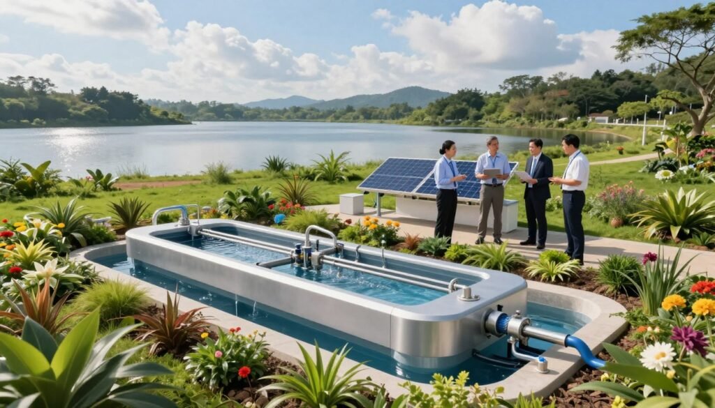 A futuristic water treatment facility set in a lush green landscape, highlighting innovative conservation systems. In the foreground, a sleek modern water filtration unit uses advanced technology, surrounded by vibrant native plants and flowers. The middle ground features professionals in business attire inspecting a solar-powered water management system, discussing strategies for sustainable practices. In the background, vast water reservoirs reflect a bright blue sky with fluffy clouds, illuminated by soft, natural sunlight. The scene is designed to evoke a sense of hope and progress in environmental stewardship, aiming for a clean and efficient future in water management. The overall mood is optimistic and professional, showcasing the integration of nature and technology. A futuristic water treatment facility set in a lush green landscape, highlighting innovative conservation systems. In the foreground, a sleek modern water filtration unit uses advanced technology, surrounded by vibrant native plants and flowers. The middle ground features professionals in business attire inspecting a solar-powered water management system, discussing strategies for sustainable practices. In the background, vast water reservoirs reflect a bright blue sky with fluffy clouds, illuminated by soft, natural sunlight. The scene is designed to evoke a sense of hope and progress in environmental stewardship, aiming for a clean and efficient future in water management. The overall mood is optimistic and professional, showcasing the integration of nature and technology.
