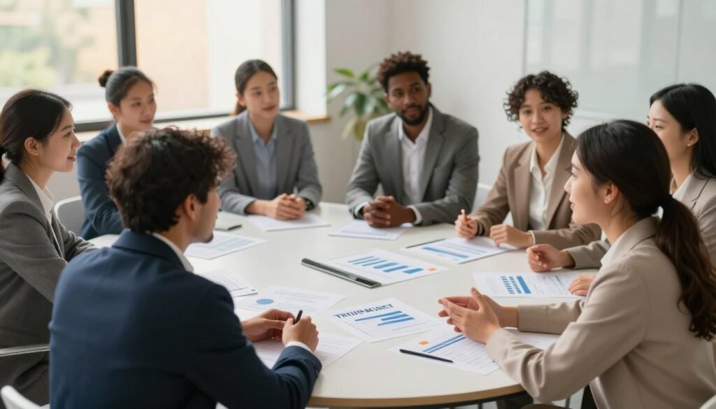 A harmonious assembly of diverse individuals engaged in a constructive dialogue, representing the essence of participatory democracy. In the foreground, a man and a woman in professional business attire are exchanging ideas at a round table, surrounded by charts and graphs depicting civic engagement concepts. In the middle ground, additional participants of various cultural backgrounds are actively discussing, emphasizing inclusivity and collaboration. The background features a serene office environment with large windows letting in warm natural light, symbolizing transparency. The atmosphere is one of optimism and determination, underlining the principles and values of participatory democracy in a modern context. The composition should have a balanced depth of field, with a slight focus on the foreground scene while maintaining a bright and welcoming ambiance. A harmonious assembly of diverse individuals engaged in a constructive dialogue, representing the essence of participatory democracy. In the foreground, a man and a woman in professional business attire are exchanging ideas at a round table, surrounded by charts and graphs depicting civic engagement concepts. In the middle ground, additional participants of various cultural backgrounds are actively discussing, emphasizing inclusivity and collaboration. The background features a serene office environment with large windows letting in warm natural light, symbolizing transparency. The atmosphere is one of optimism and determination, underlining the principles and values of participatory democracy in a modern context. The composition should have a balanced depth of field, with a slight focus on the foreground scene while maintaining a bright and welcoming ambiance.