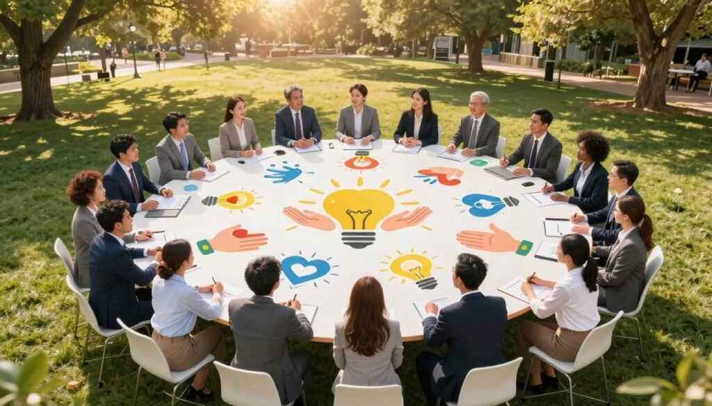 A harmonious, vibrant community scene encapsulating core principles and values. In the foreground, a diverse group of individuals dressed in professional business attire, engaged in dialogue and collaboration, portraying trust and respect. The middle layer features a large, circular table surrounded by people actively sharing ideas, with symbolic elements like open hands, hearts, and light bulbs representing inclusion, empathy, and innovation scattered around. In the background, a lush park setting with trees and a soft, inviting atmosphere underscored by warm golden hour sunlight filtering through the leaves, casting gentle shadows. The scene is depicted in a slightly aerial angle, highlighting the community’s connection. The overall mood is optimistic and uplifting, reflecting the spirit of meaningful relationships and engagement. A harmonious, vibrant community scene encapsulating core principles and values. In the foreground, a diverse group of individuals dressed in professional business attire, engaged in dialogue and collaboration, portraying trust and respect. The middle layer features a large, circular table surrounded by people actively sharing ideas, with symbolic elements like open hands, hearts, and light bulbs representing inclusion, empathy, and innovation scattered around. In the background, a lush park setting with trees and a soft, inviting atmosphere underscored by warm golden hour sunlight filtering through the leaves, casting gentle shadows. The scene is depicted in a slightly aerial angle, highlighting the community’s connection. The overall mood is optimistic and uplifting, reflecting the spirit of meaningful relationships and engagement.