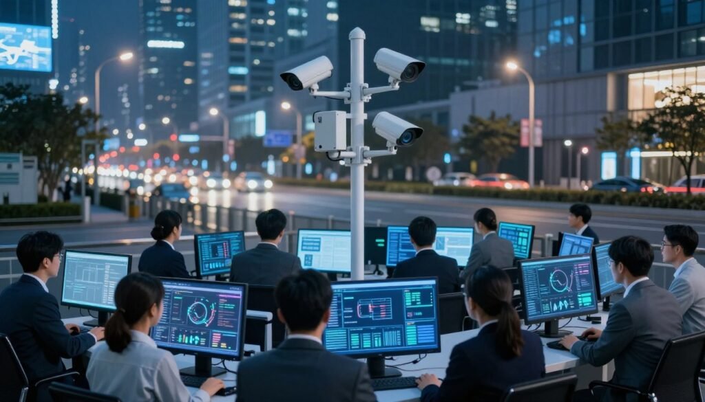 A high-tech urban environment showcasing a smart surveillance emergency response system. In the foreground, a diverse group of professionals in business attire monitors data on sleek touchscreens, demonstrating real-time analytics. The middle layer features advanced surveillance cameras mounted on smart poles, equipped with sensors and communication devices, actively scanning the area. The background reveals a cityscape with modern buildings illuminated by ambient streetlights and digital displays, hinting at vibrant urban life. The scene is bathed in cool, blue lighting, creating a futuristic and secure atmosphere. Capture this from a slightly elevated angle, emphasizing the collaboration between technology and urban safety, illustrating the potential for enhanced public services. A high-tech urban environment showcasing a smart surveillance emergency response system. In the foreground, a diverse group of professionals in business attire monitors data on sleek touchscreens, demonstrating real-time analytics. The middle layer features advanced surveillance cameras mounted on smart poles, equipped with sensors and communication devices, actively scanning the area. The background reveals a cityscape with modern buildings illuminated by ambient streetlights and digital displays, hinting at vibrant urban life. The scene is bathed in cool, blue lighting, creating a futuristic and secure atmosphere. Capture this from a slightly elevated angle, emphasizing the collaboration between technology and urban safety, illustrating the potential for enhanced public services.