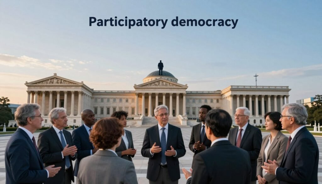 A historical scene depicting the evolution of participatory democracy through time. In the foreground, a diverse group of individuals in professional business attire, animatedly discussing ideas and democratic principles, showcasing unity. In the middle ground, classical and modern structures symbolizing legislative evolution, such as a grand ancient parliament juxtaposed with a contemporary government building. The background features a clear sky transitioning from dawn to dusk, symbolizing the passage of time, with silhouettes of historical figures advocating for democracy. Soft, warm lighting illuminates the scene, creating an inviting atmosphere that inspires hope and collaboration, viewed from a slightly elevated angle to capture the depth of the discussion and the significance of the setting. A historical scene depicting the evolution of participatory democracy through time. In the foreground, a diverse group of individuals in professional business attire, animatedly discussing ideas and democratic principles, showcasing unity. In the middle ground, classical and modern structures symbolizing legislative evolution, such as a grand ancient parliament juxtaposed with a contemporary government building. The background features a clear sky transitioning from dawn to dusk, symbolizing the passage of time, with silhouettes of historical figures advocating for democracy. Soft, warm lighting illuminates the scene, creating an inviting atmosphere that inspires hope and collaboration, viewed from a slightly elevated angle to capture the depth of the discussion and the significance of the setting.